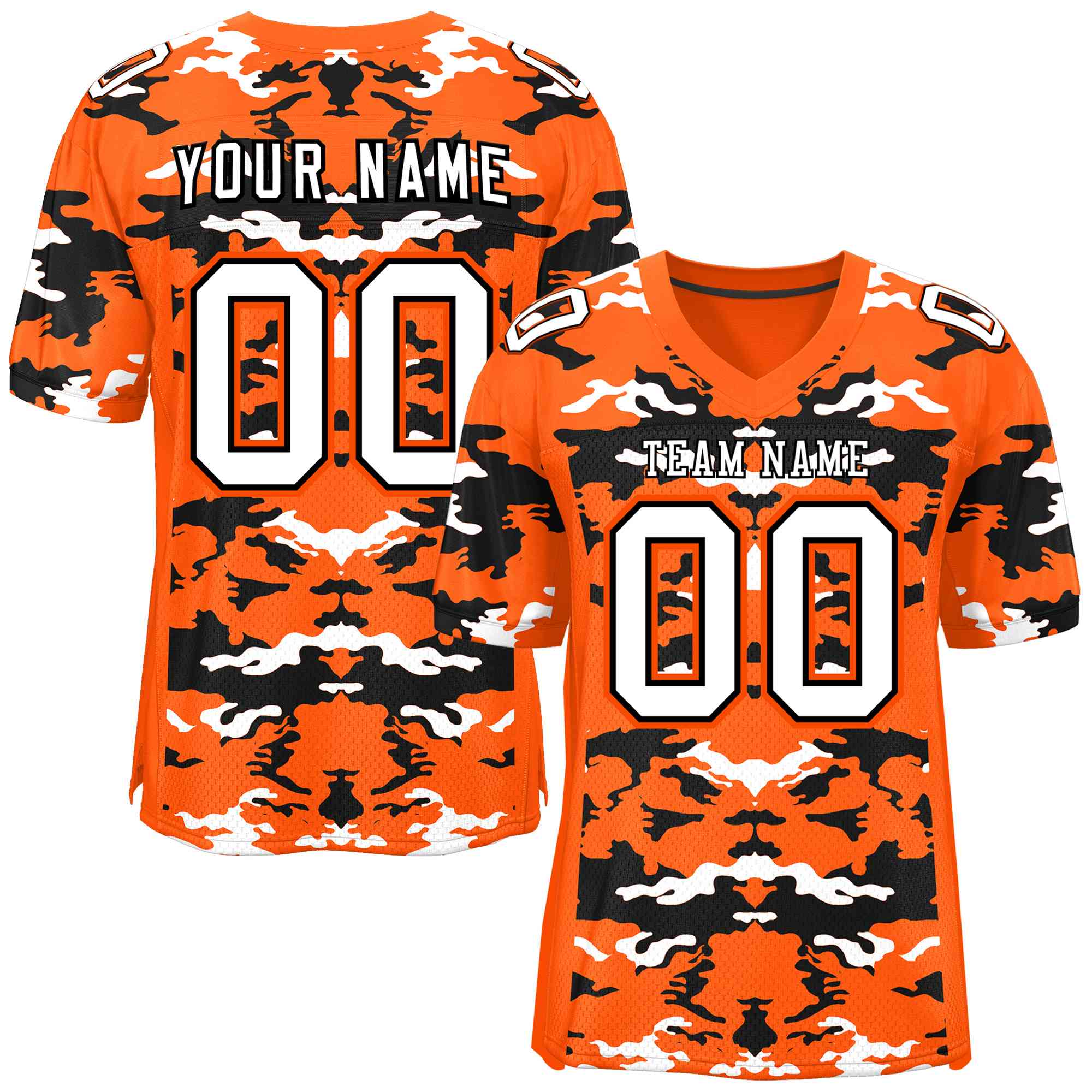 Custom Orange Black-White Personalized Camo American Football Jersey | KXKSHOP