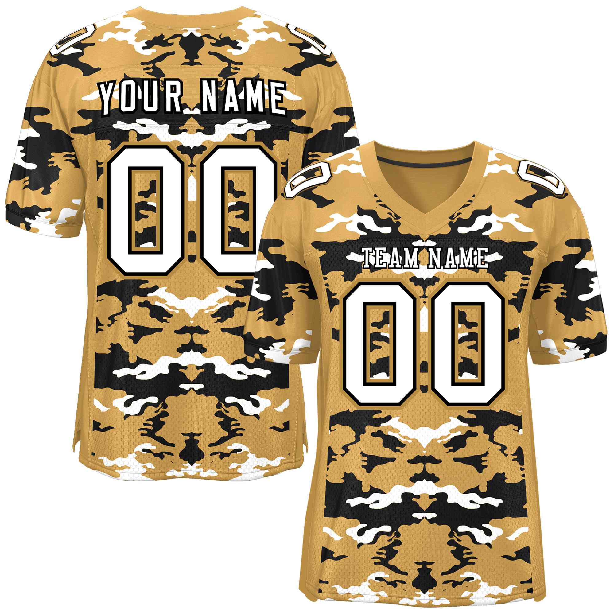 Custom Old Gold Black-White Personalized Camo American Football Jersey | KXKSHOP