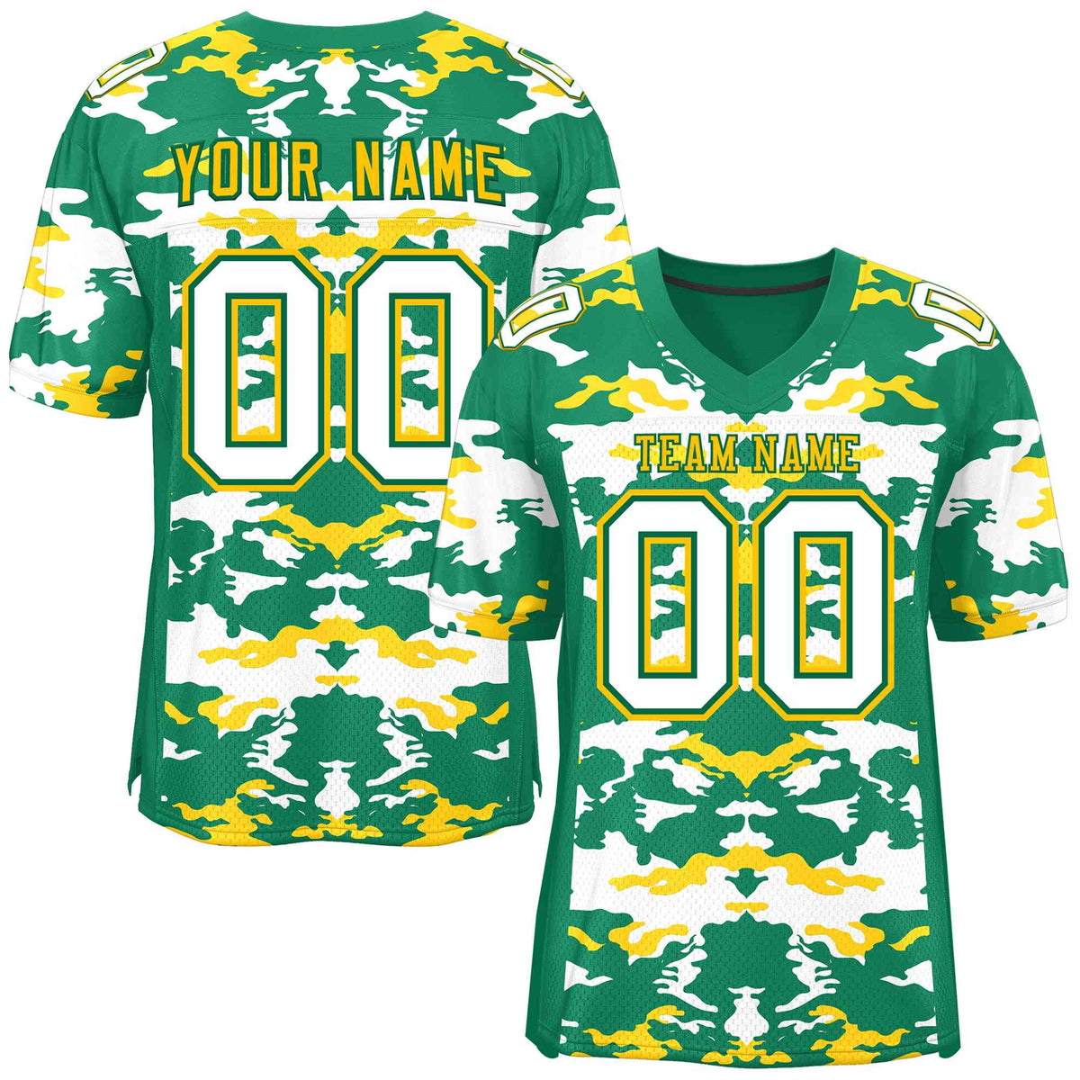 Custom Kelly Green Gold-White Personalized Camo American Football Jersey | KXKSHOP