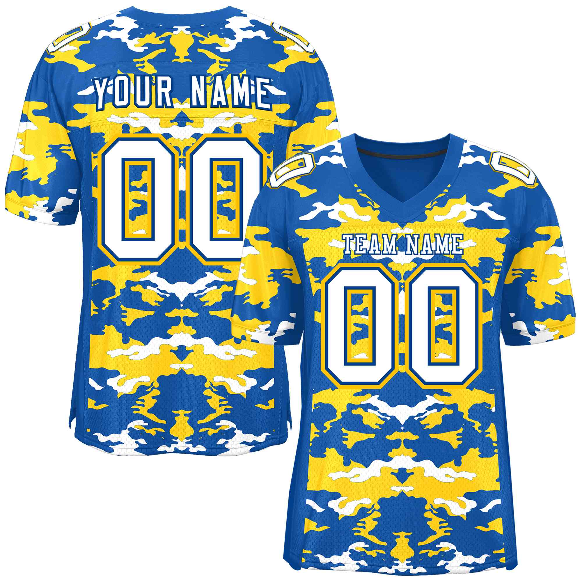 Custom Royal Gold-White Personalized Camo American Football Jersey | KXKSHOP
