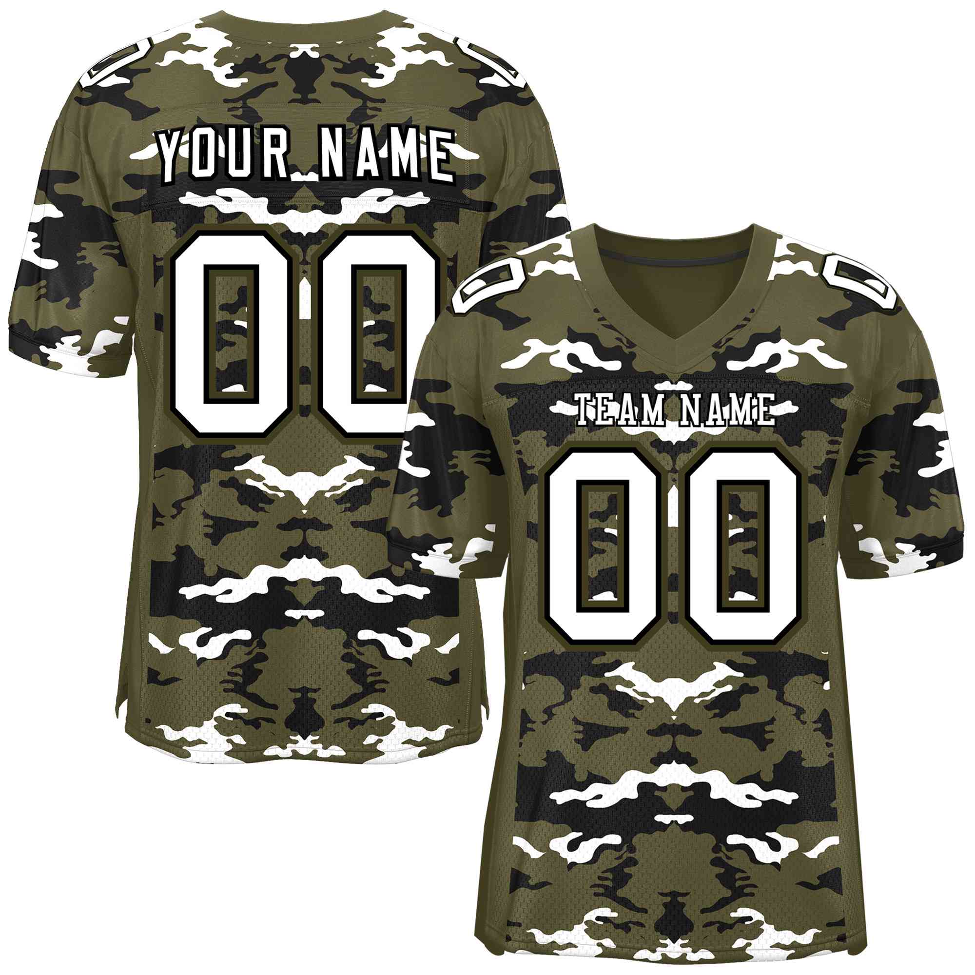 Custom Olive Black-White Personalized Camo American Football Jersey | KXKSHOP