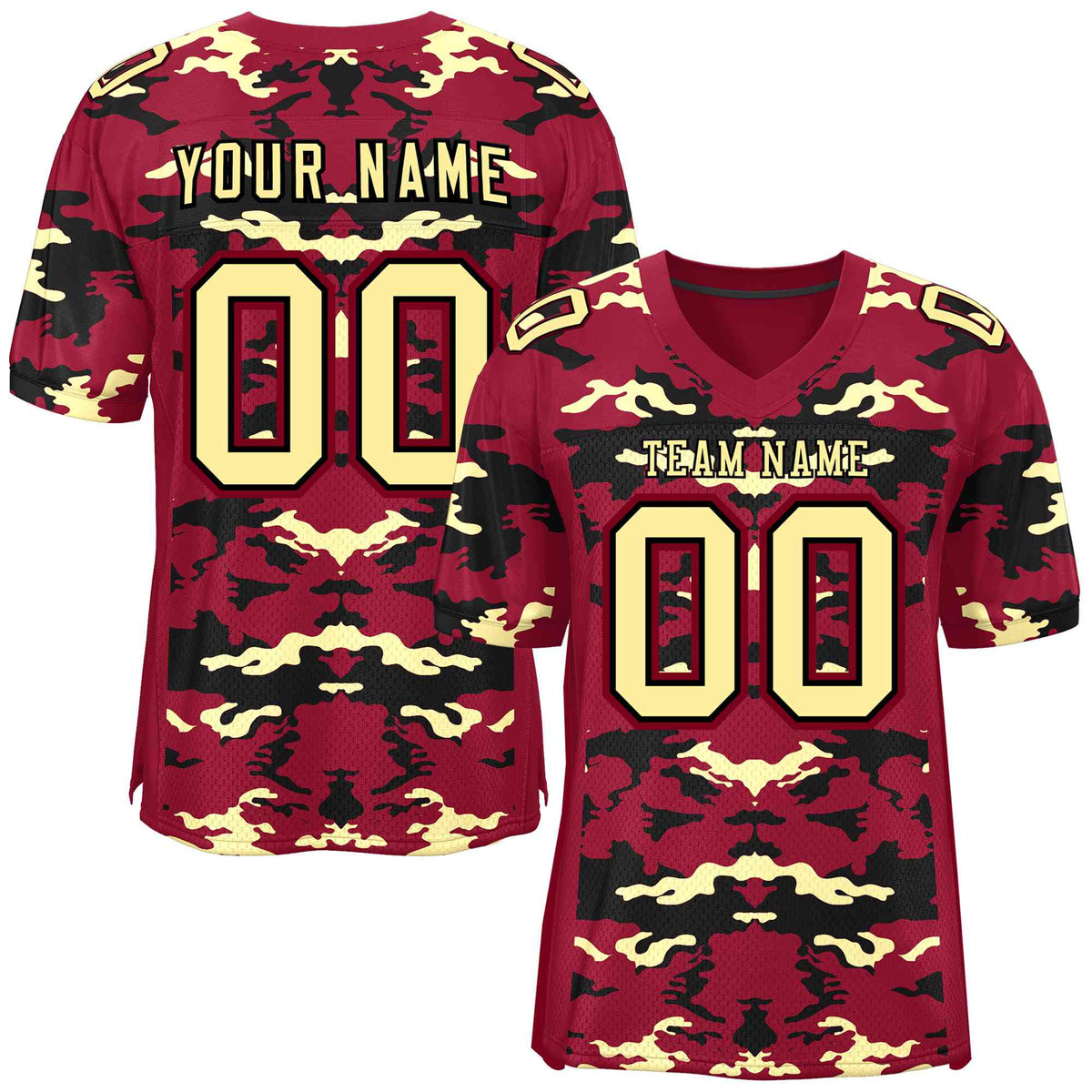 Custom Crimson Black-Cream Personalized Camo American Football Jersey | KXKSHOP