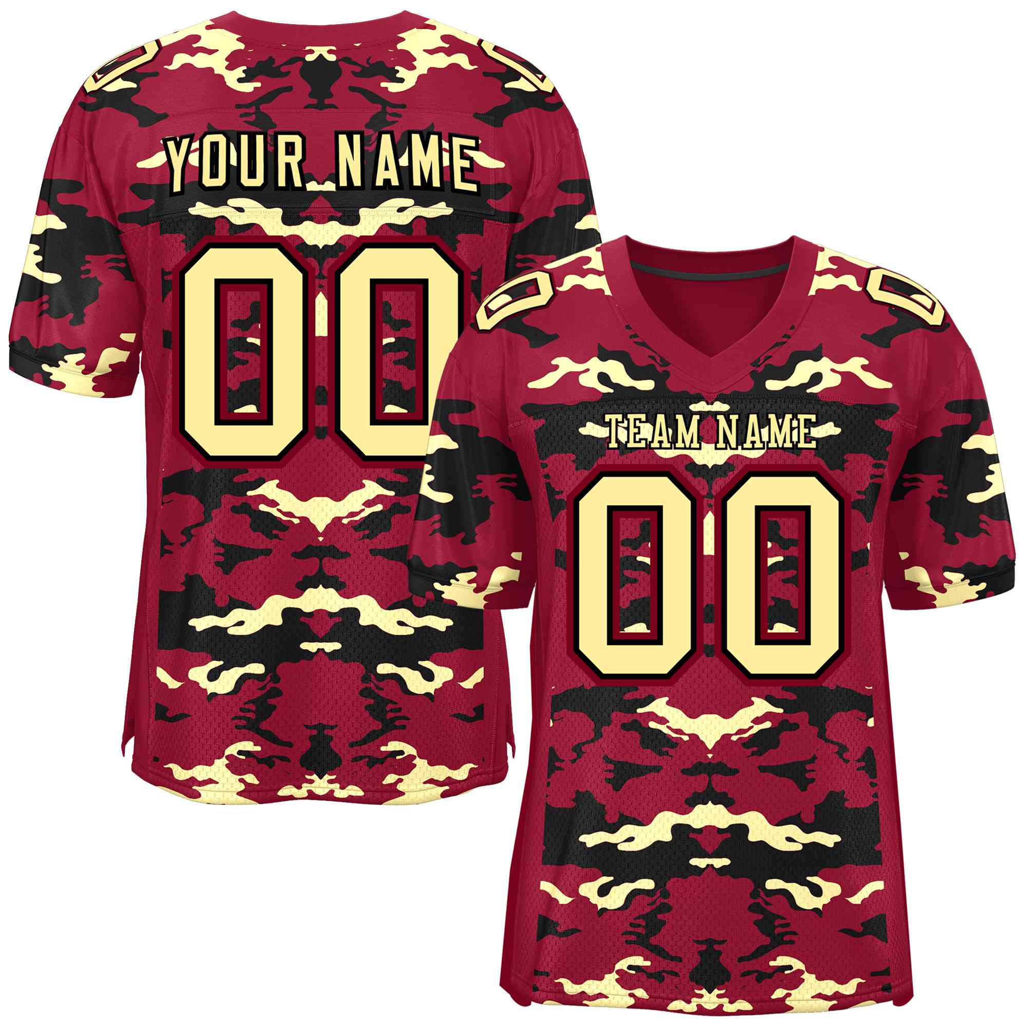 Custom Crimson Black-Cream Personalized Camo American Football Jersey | KXKSHOP