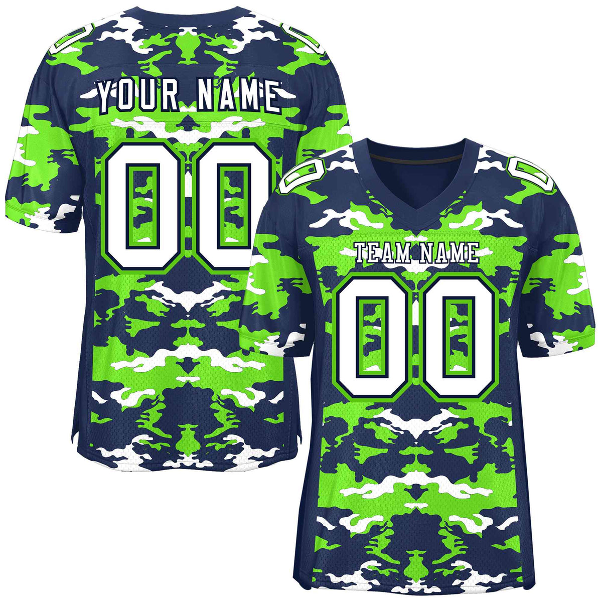 Custom Navy Neon Green-White Personalized Camo American Football Jersey | KXKSHOP