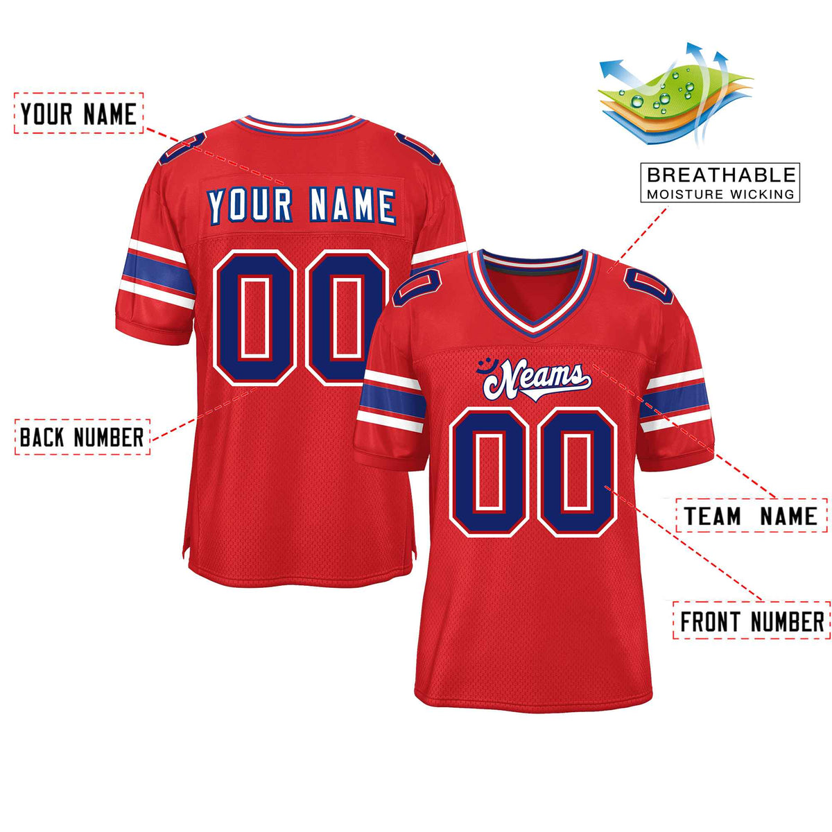 Custom Red Navy-White Classic Style Mesh American Football Jersey | KXKSHOP
