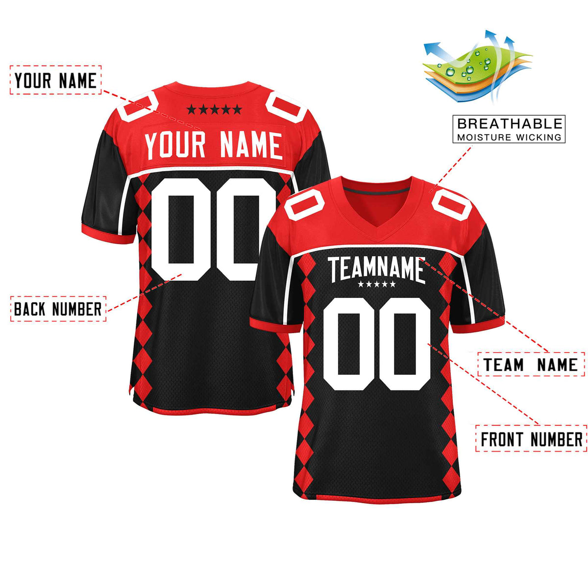 Custom Red Black Raglan Sleeves Side Blocks Pattern Authentic American Football Jersey