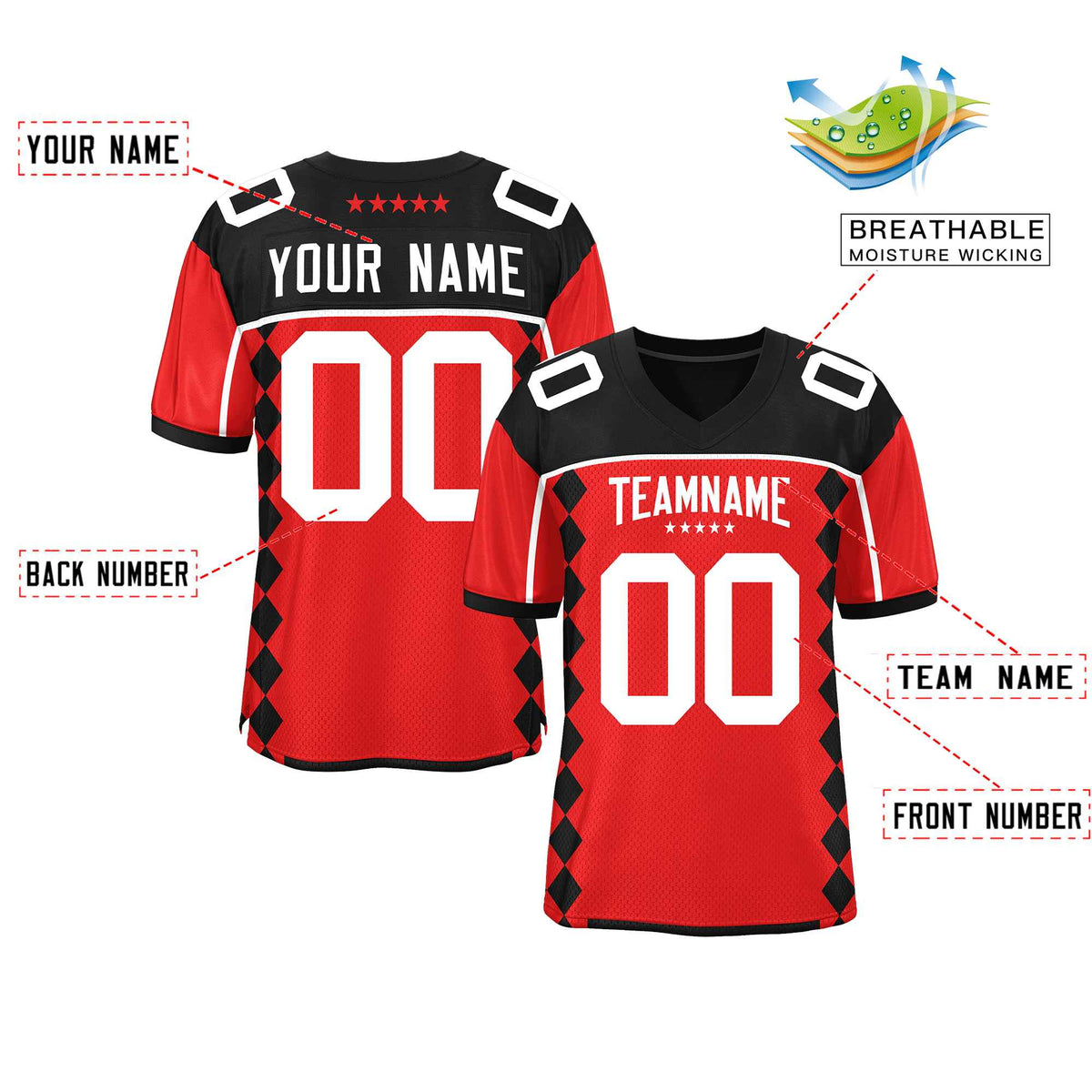 Custom Black Red Raglan Sleeves Side Blocks Pattern Authentic American Football Jersey