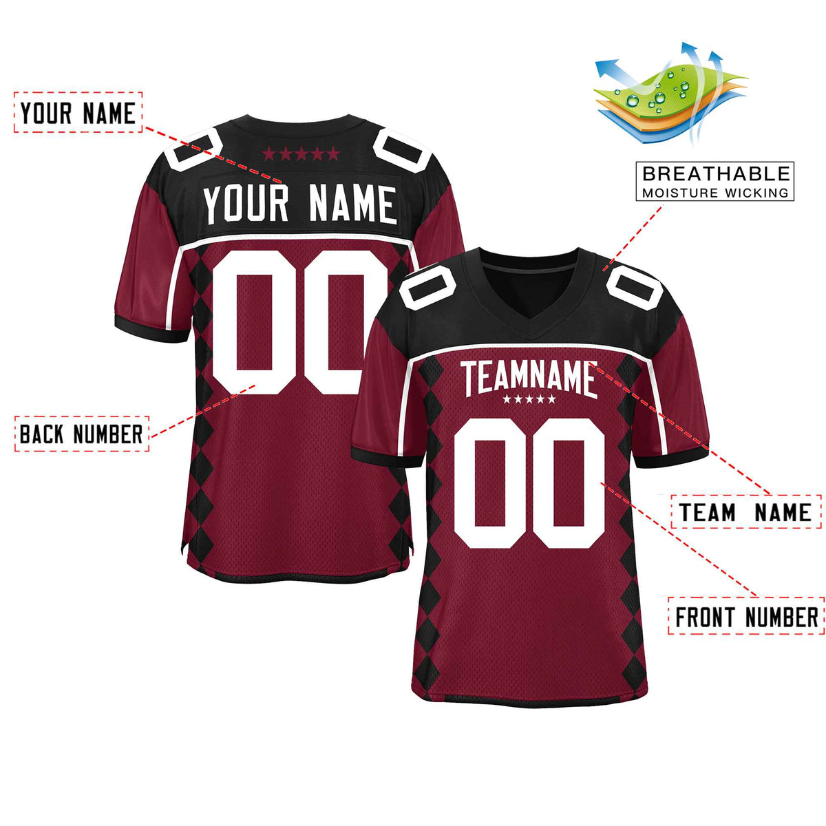 Custom Black Cardinal Raglan Sleeves Side Blocks Pattern Authentic American Football Jersey
