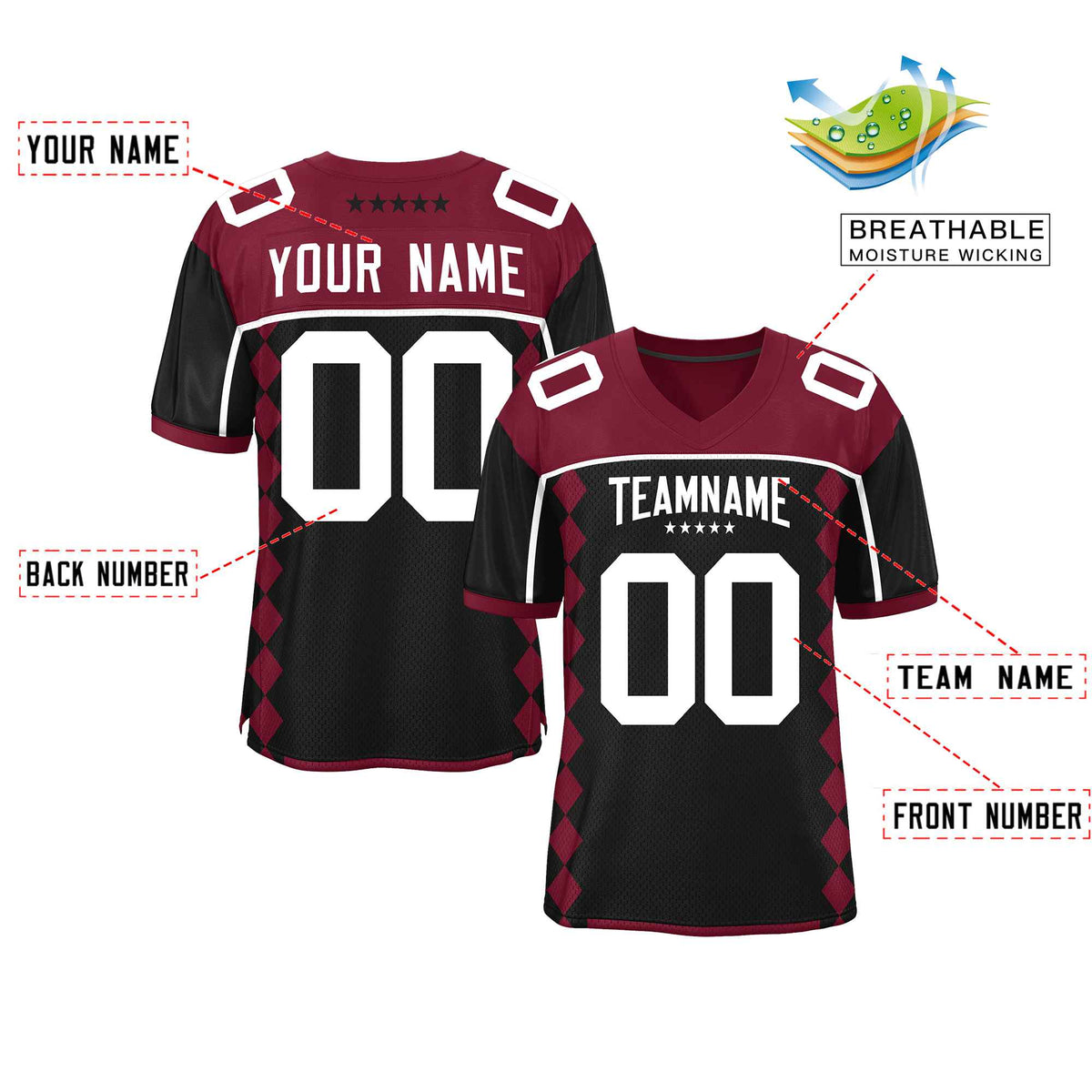 Custom Cardinal Black Raglan Sleeves Side Blocks Pattern Authentic American Football Jersey