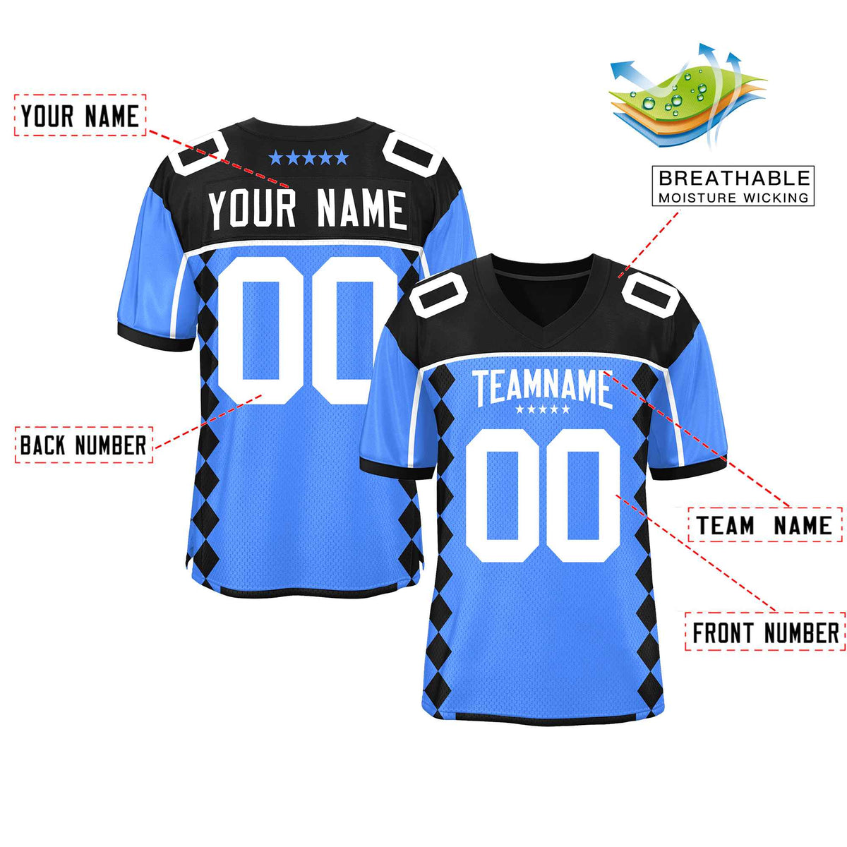 Custom Black Powder Blue Raglan Sleeves Side Blocks Pattern Authentic American Football Jersey