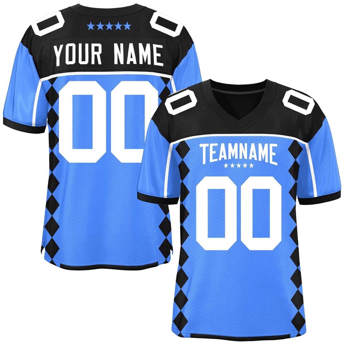 Custom Black Powder Blue Raglan Sleeves Side Blocks Pattern Authentic American Football Jersey
