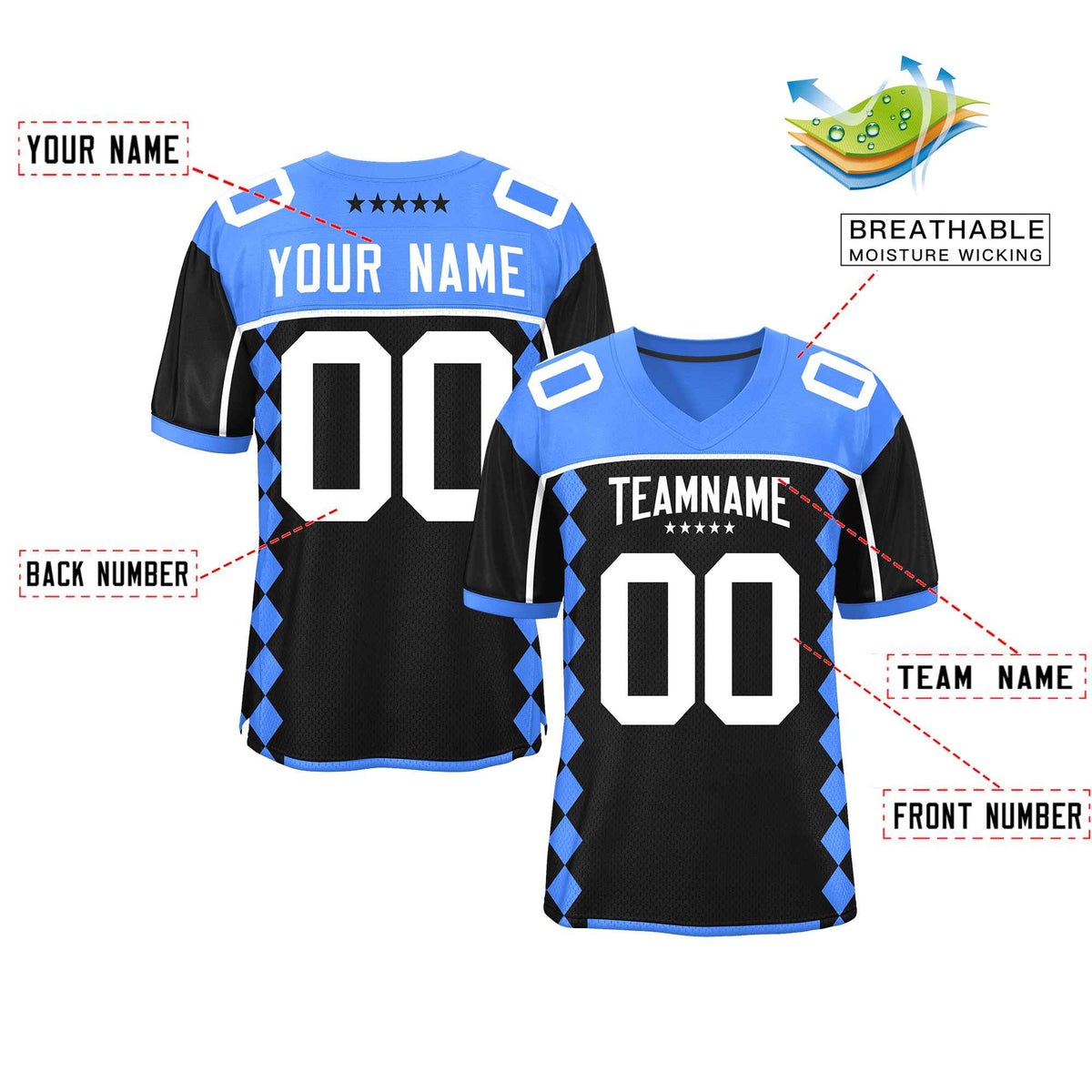 Custom Powder Blue Black Raglan Sleeves Side Blocks Pattern Authentic American Football Jersey