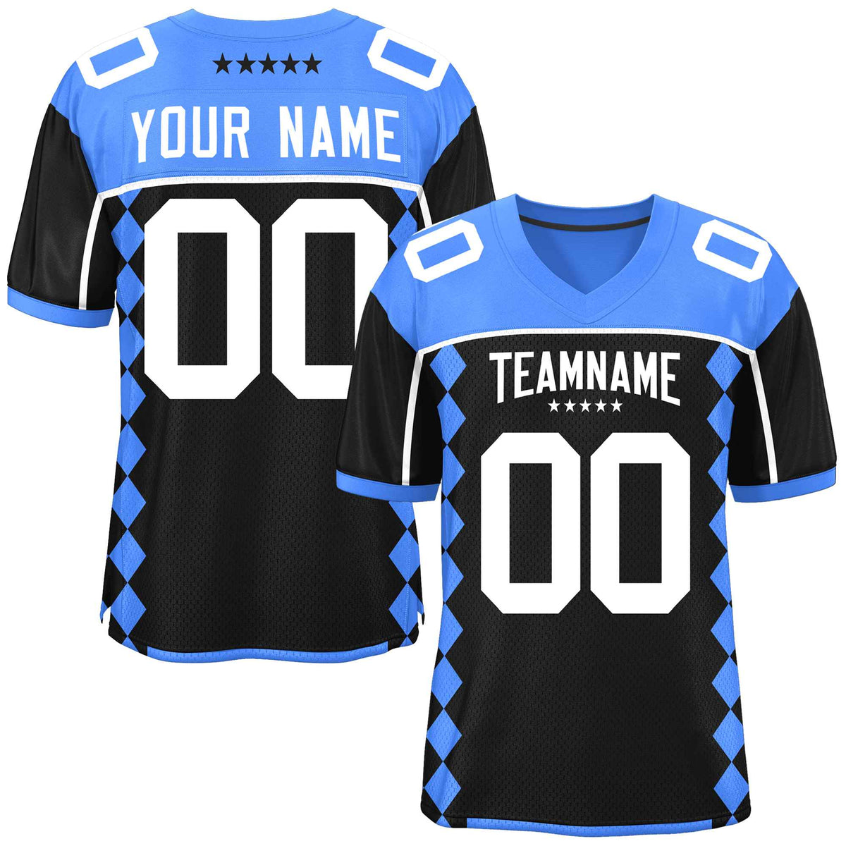 Custom Powder Blue Black Raglan Sleeves Side Blocks Pattern Authentic American Football Jersey
