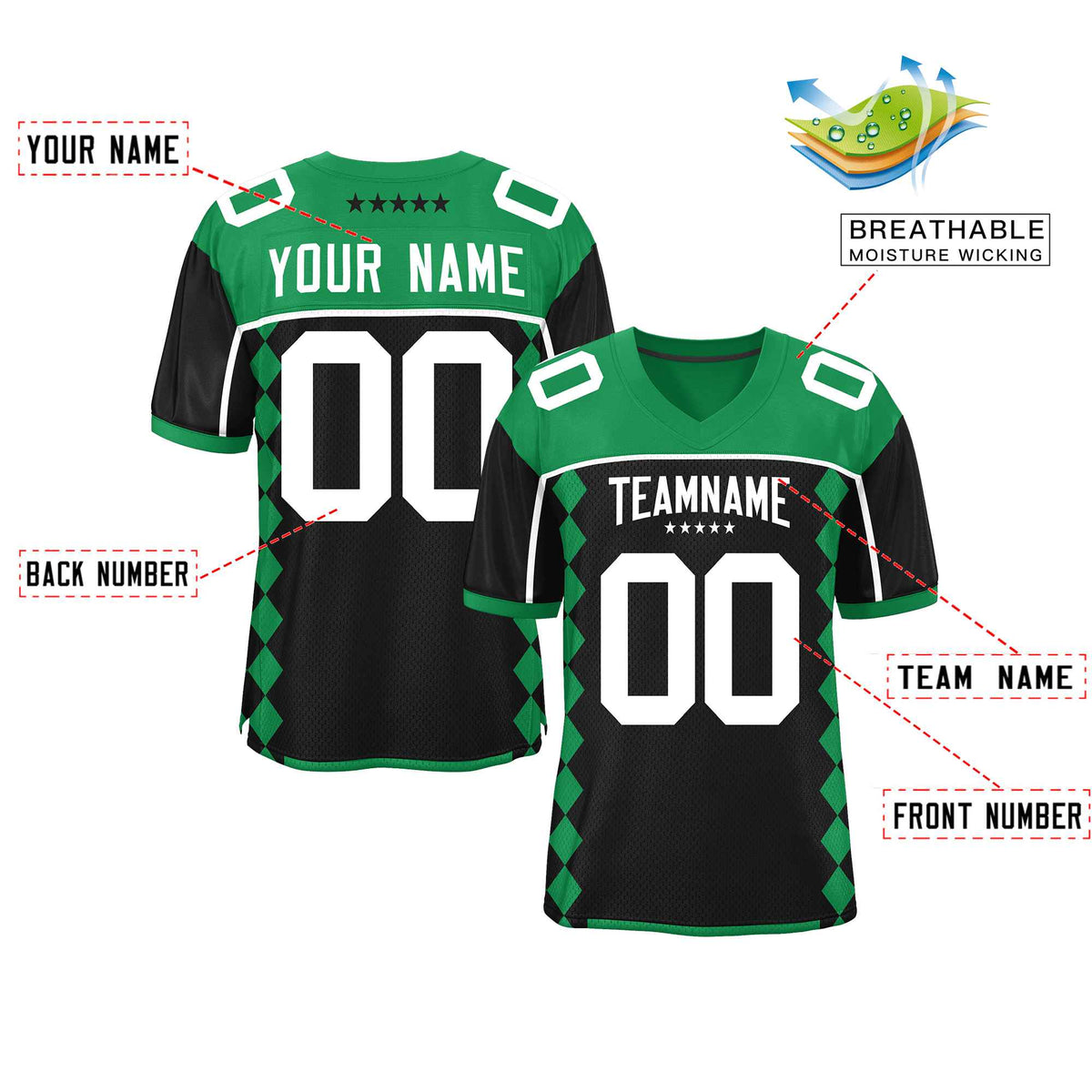 Custom Kelly Green Black Raglan Sleeves Side Blocks Pattern Authentic American Football Jersey