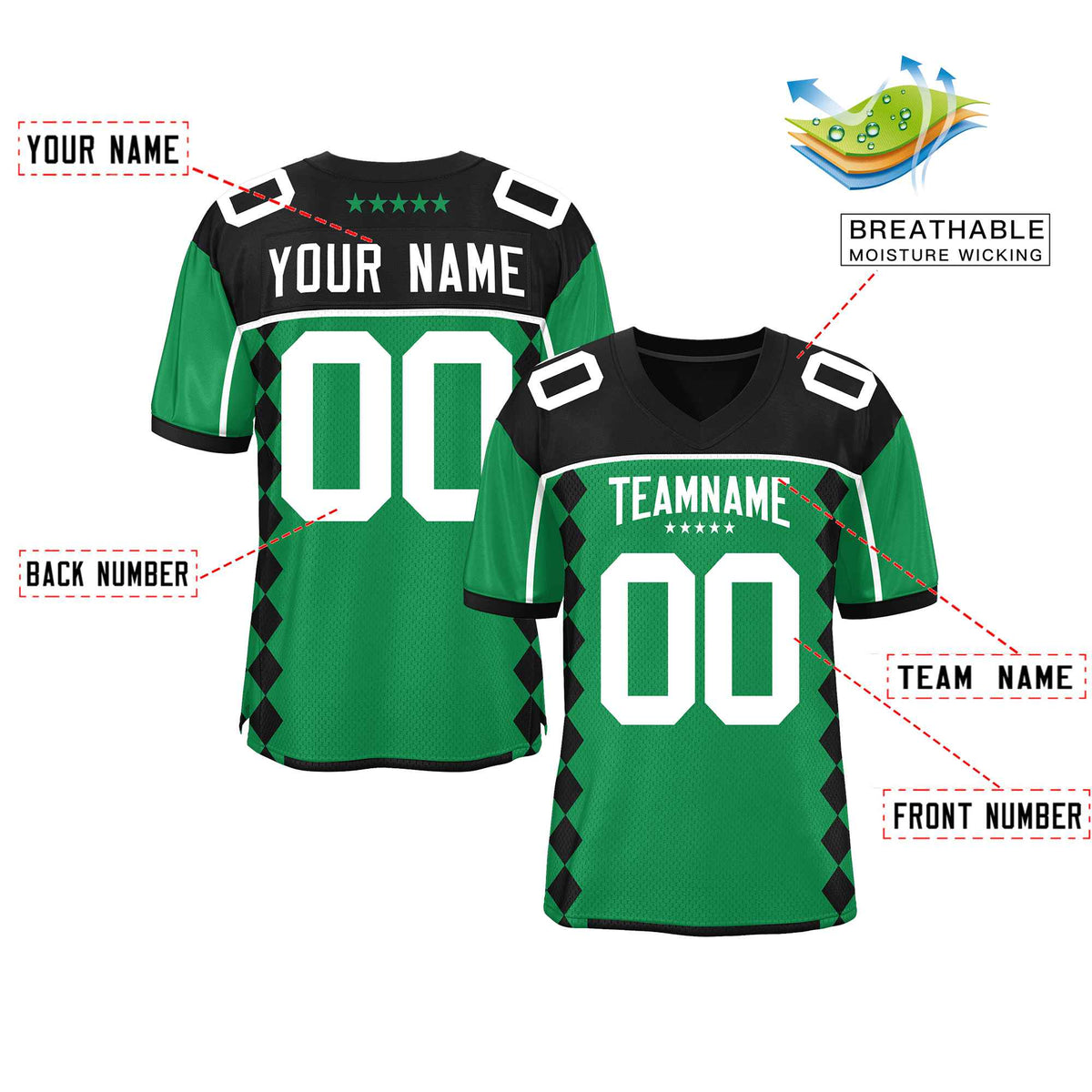 Custom Black Kelly Green Raglan Sleeves Side Blocks Pattern Authentic American Football Jersey