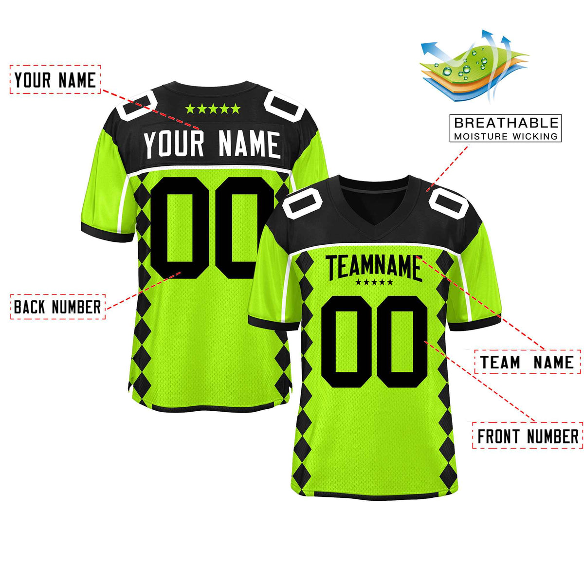 Custom Black Neon Green Raglan Sleeves Side Blocks Pattern Authentic American Football Jersey
