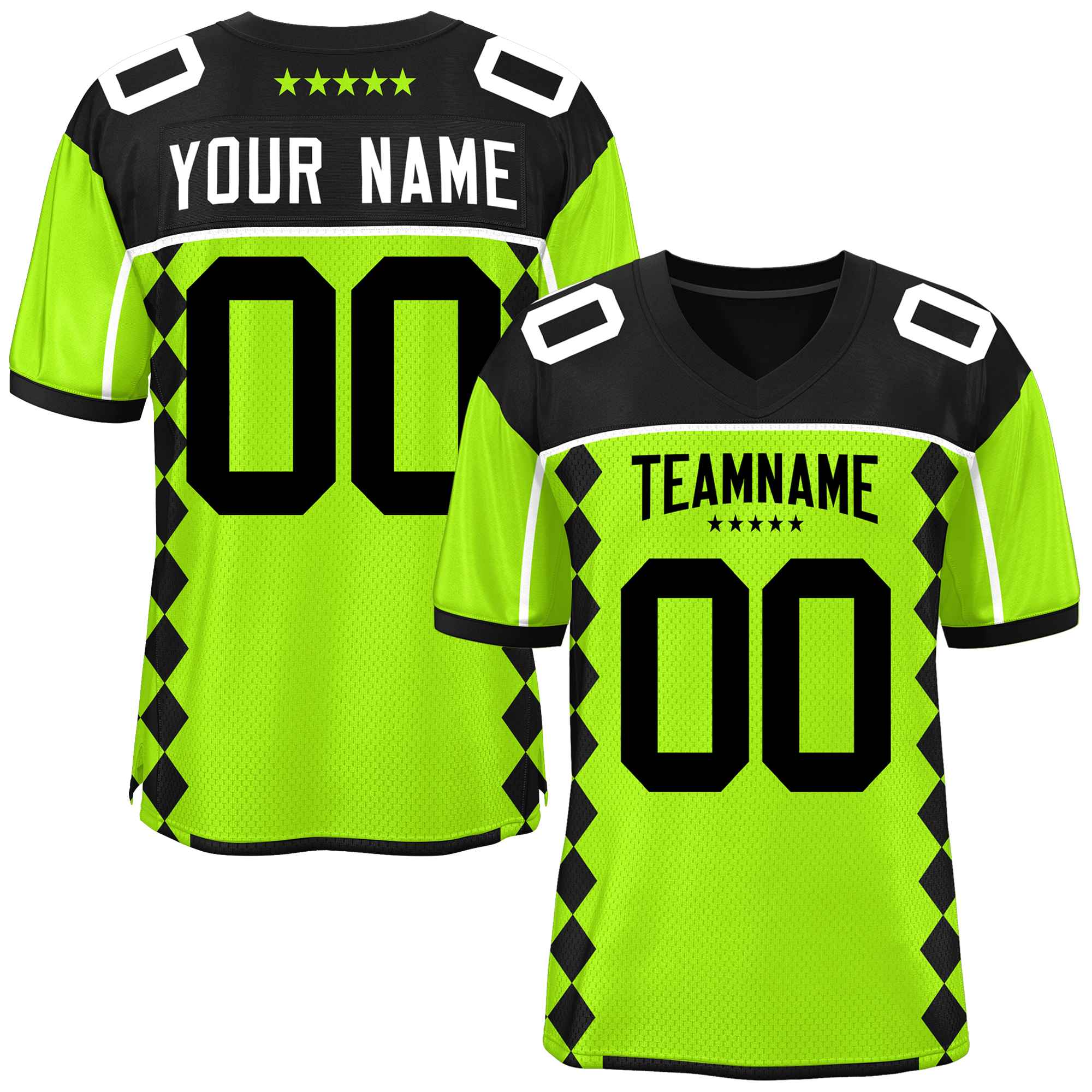 Custom Black Neon Green Raglan Sleeves Side Blocks Pattern Authentic American Football Jersey