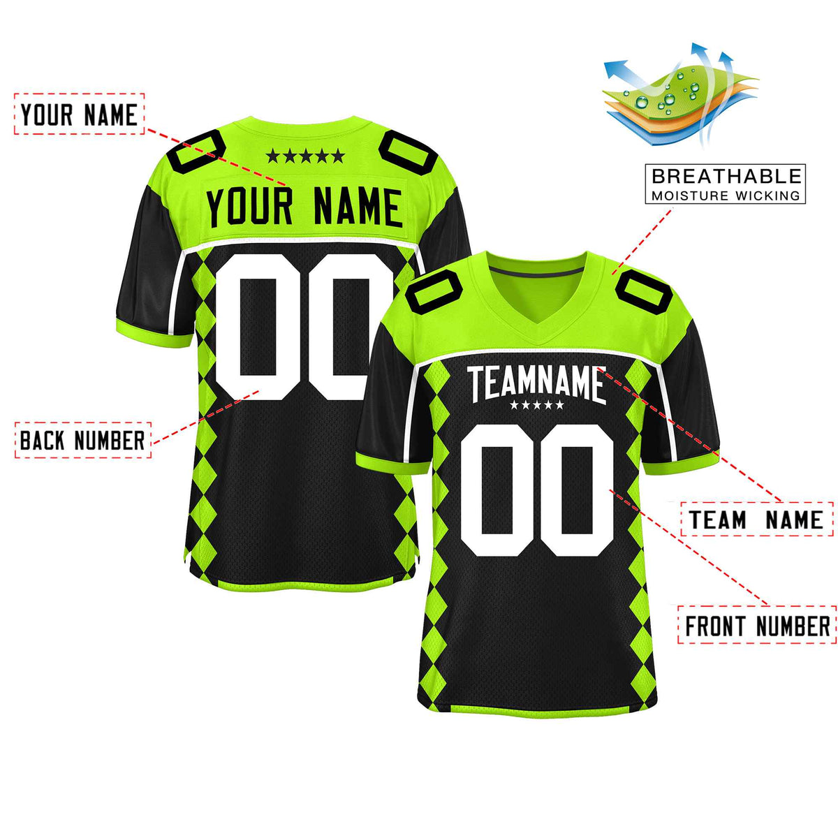 Custom Neon Green Black Raglan Sleeves Side Blocks Pattern Authentic American Football Jersey