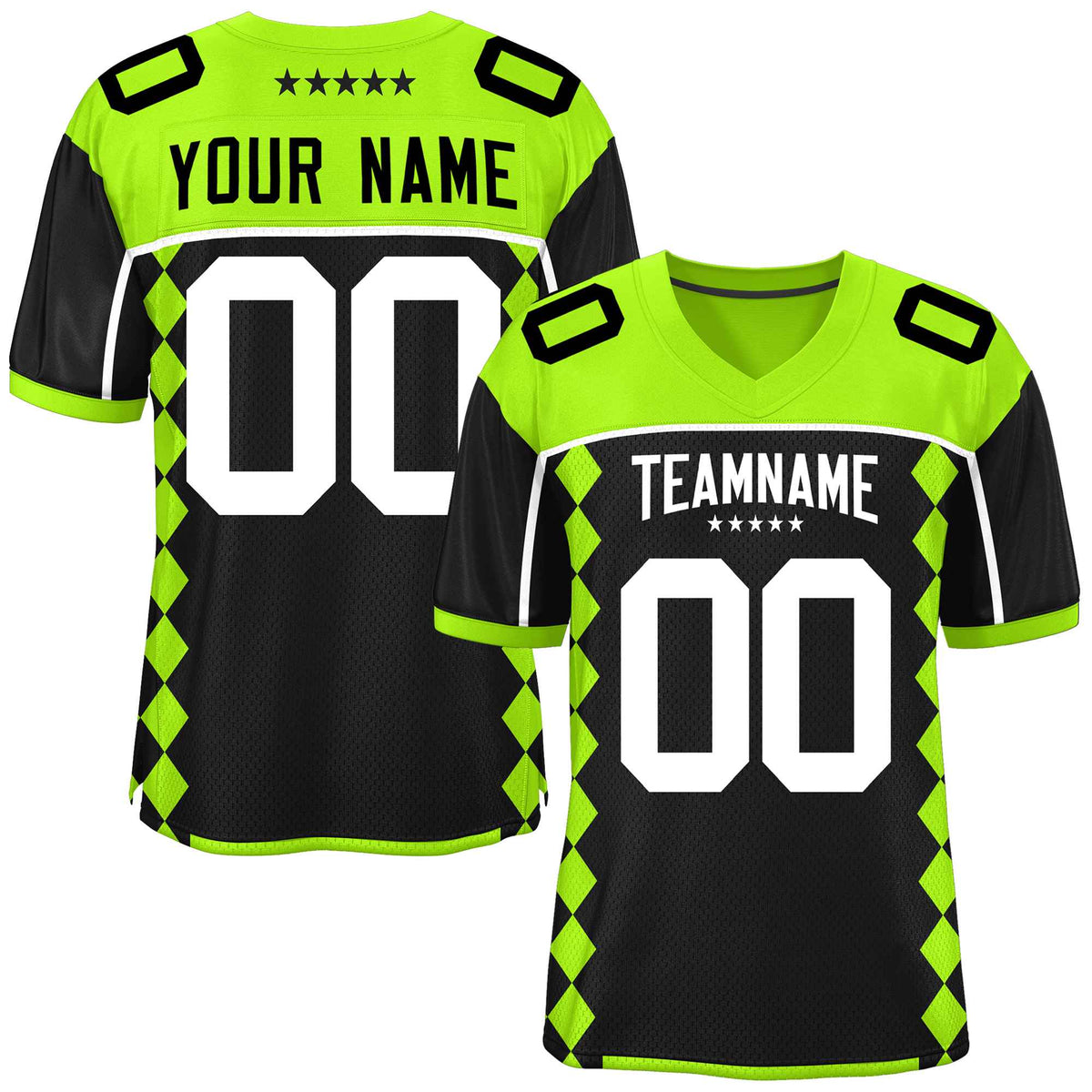 Custom Neon Green Black Raglan Sleeves Side Blocks Pattern Authentic American Football Jersey