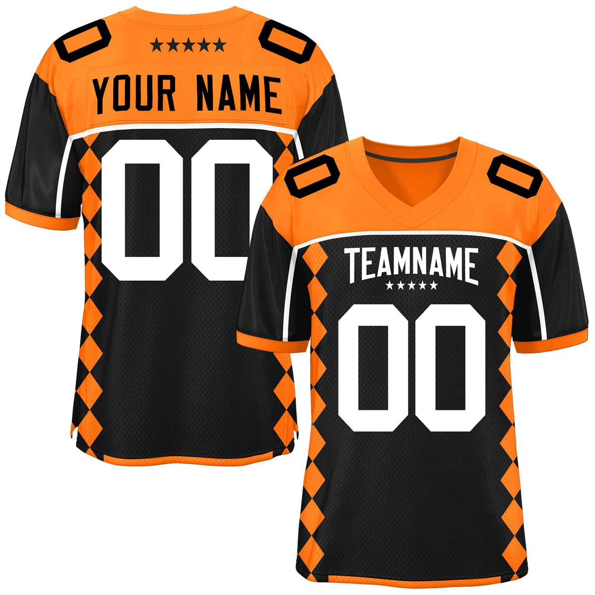 Custom Black Orange Raglan Sleeves Side Blocks Pattern Authentic American Football Jersey