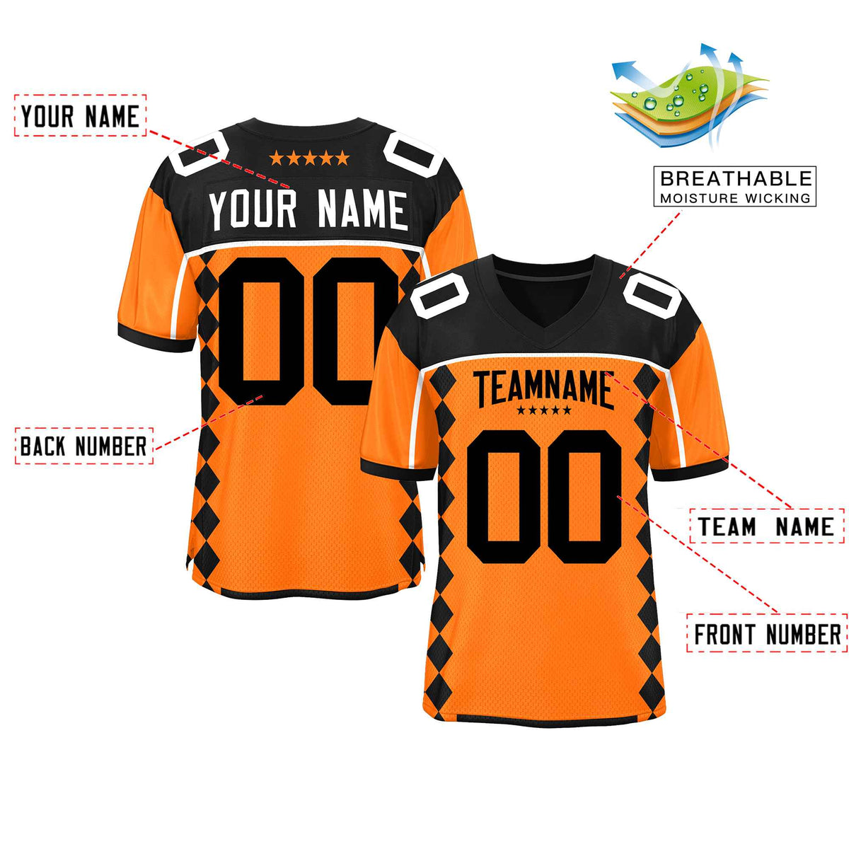 Custom Black Orange Raglan Sleeves Side Blocks Pattern Authentic American Football Jersey