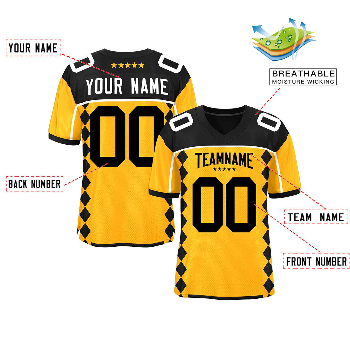 Custom Black Yellow Raglan Sleeves Side Blocks Pattern Authentic American Football Jersey