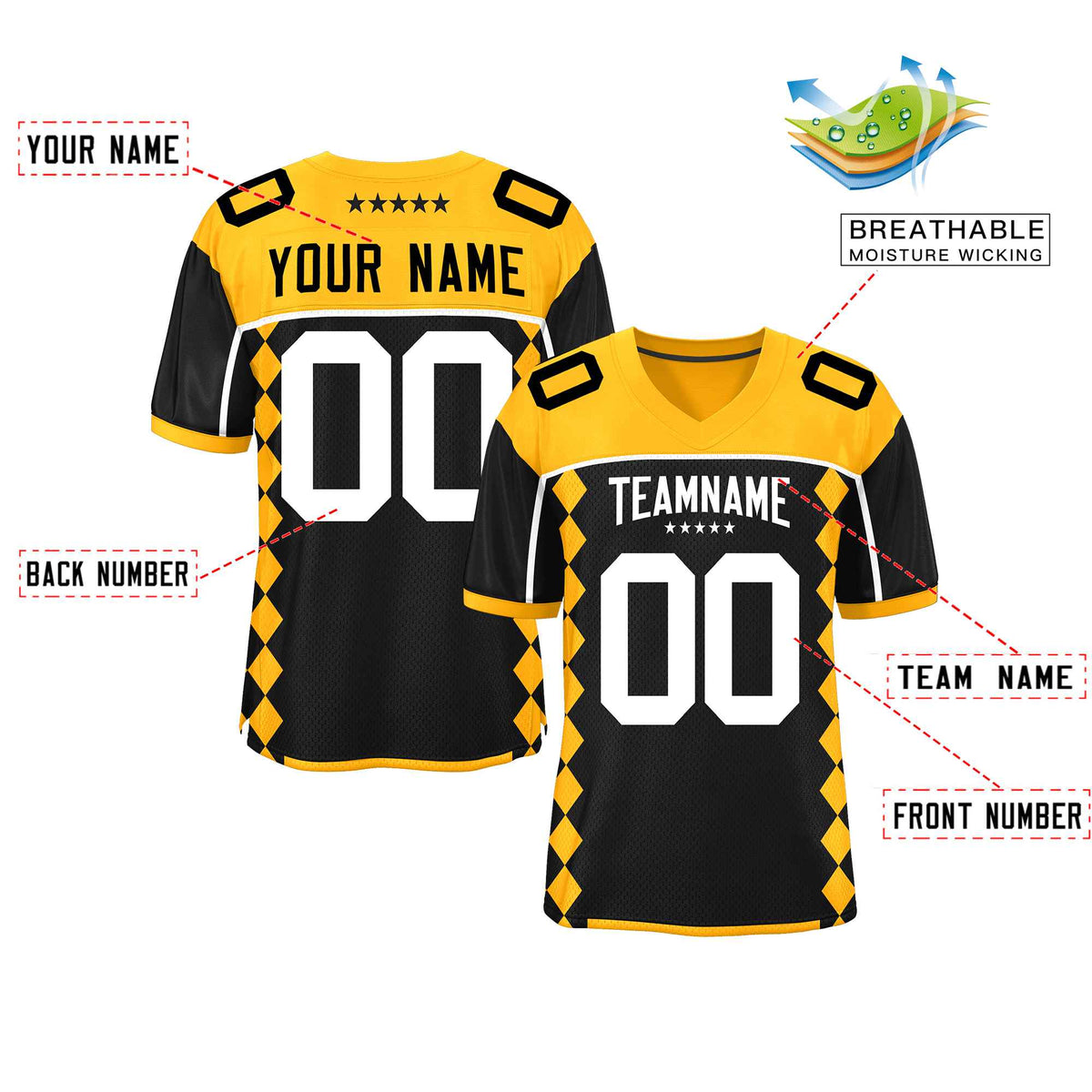 Custom Yellow Black Raglan Sleeves Side Blocks Pattern Authentic American Football Jersey
