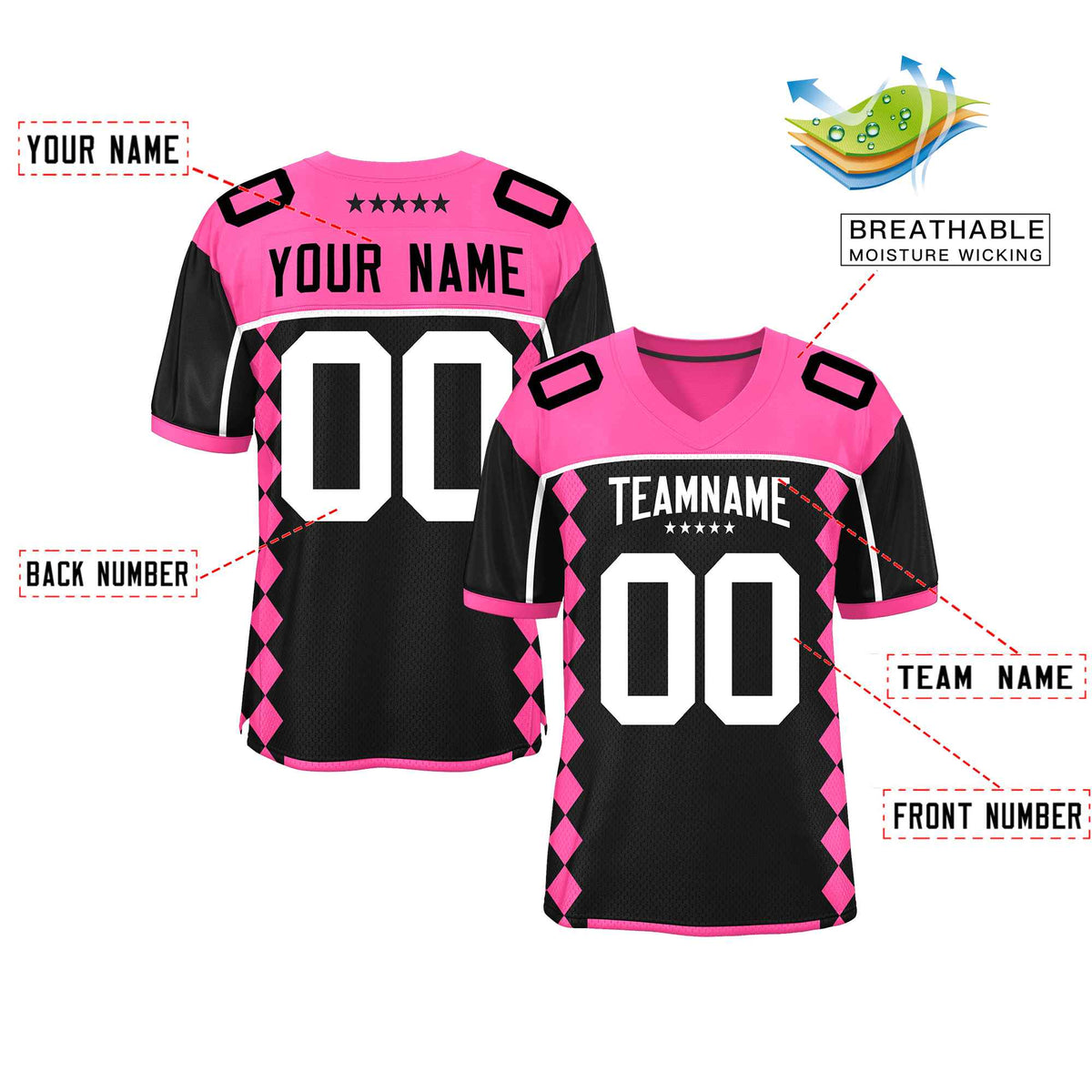 Custom Pink Black Raglan Sleeves Side Blocks Pattern Authentic American Football Jersey