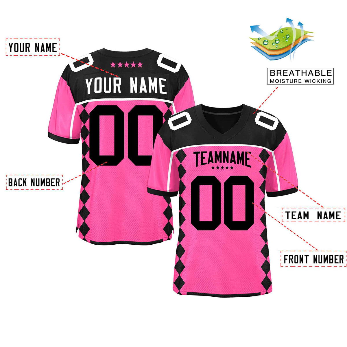 Custom Black Pink Raglan Sleeves Side Blocks Pattern Authentic American Football Jersey