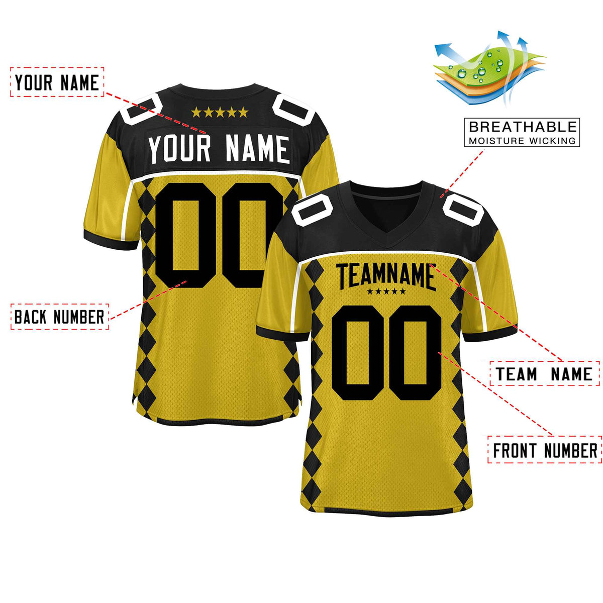 Custom Black Old Gold Raglan Sleeves Side Blocks Pattern Authentic American Football Jersey
