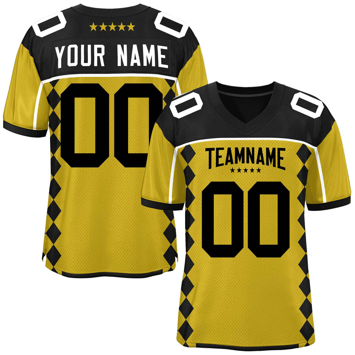 Custom Black Old Gold Raglan Sleeves Side Blocks Pattern Authentic American Football Jersey