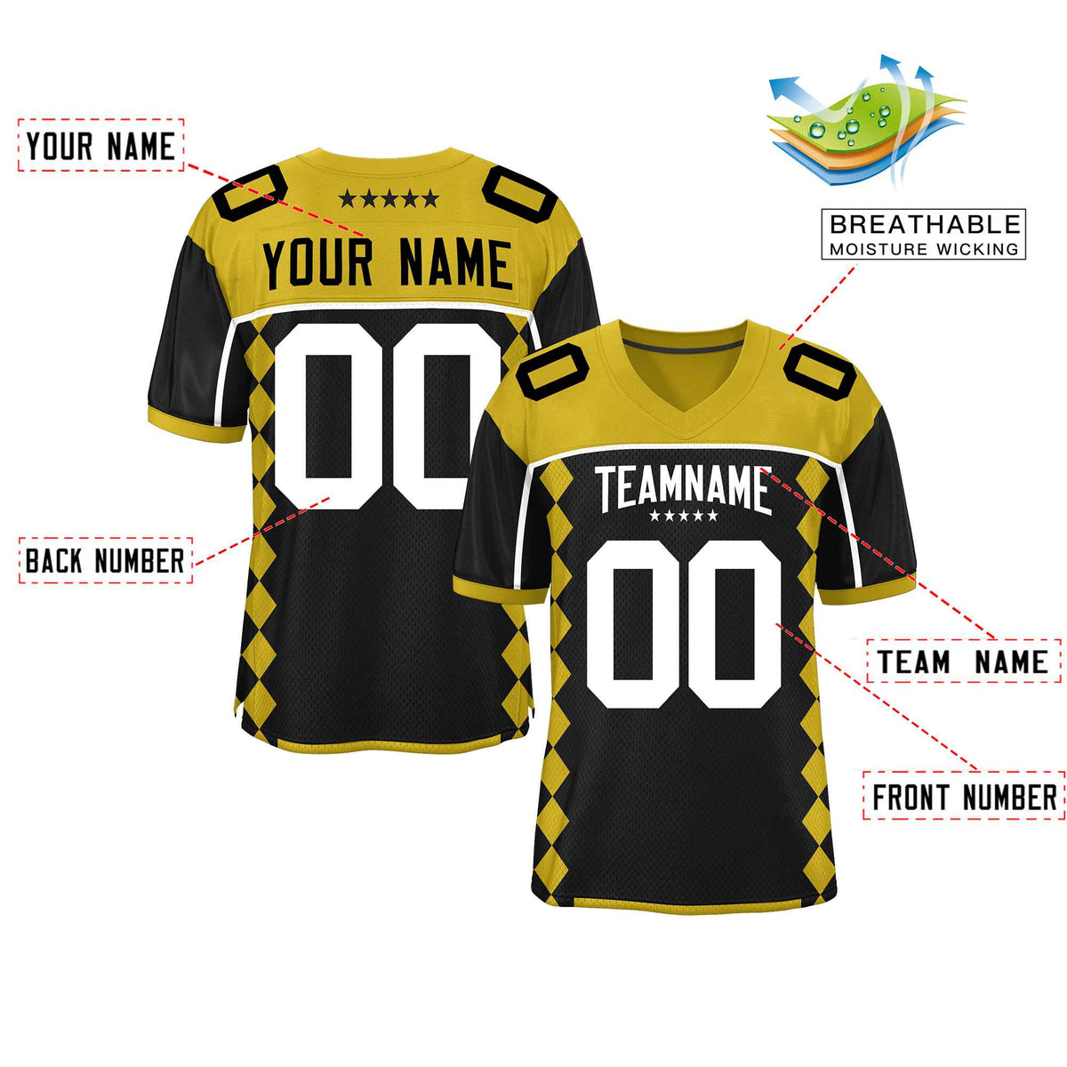 Custom Old Gold Black Raglan Sleeves Side Blocks Pattern Authentic American Football Jersey