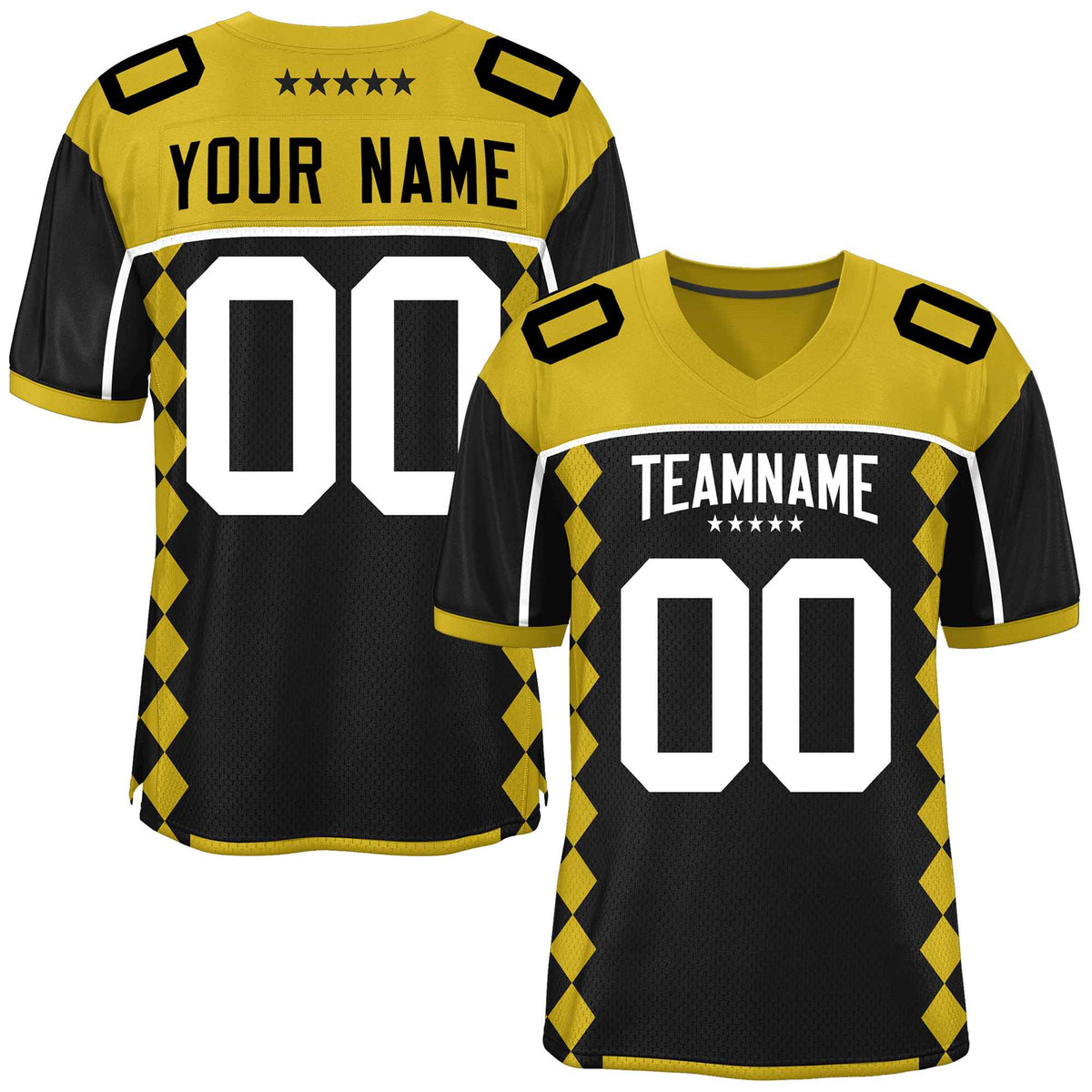 Custom Old Gold Black Raglan Sleeves Side Blocks Pattern Authentic American Football Jersey
