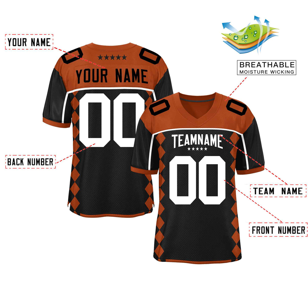 Custom Texas Orange Black Raglan Sleeves Side Blocks Pattern Authentic American Football Jersey