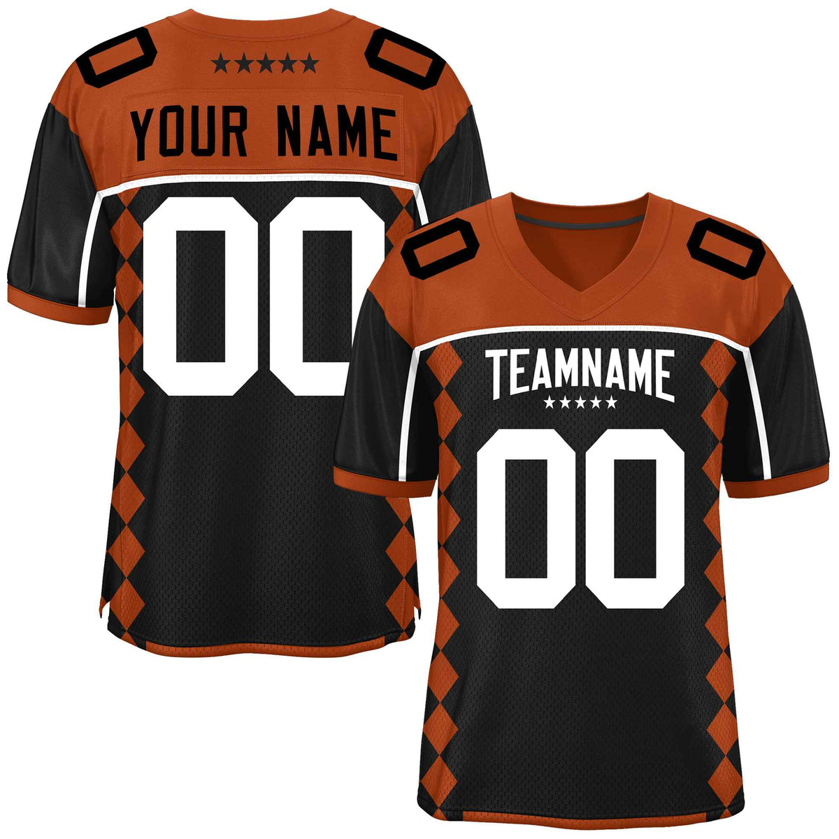 Custom Texas Orange Black Raglan Sleeves Side Blocks Pattern Authentic American Football Jersey