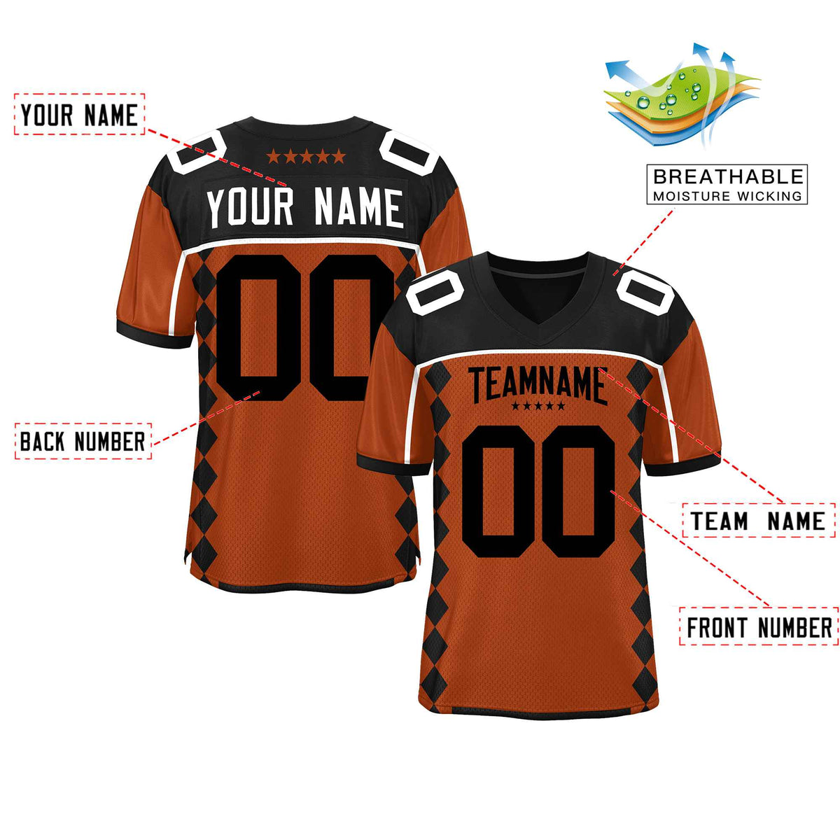 Custom Texas Orange Black Raglan Sleeves Side Blocks Pattern Authentic American Football Jersey