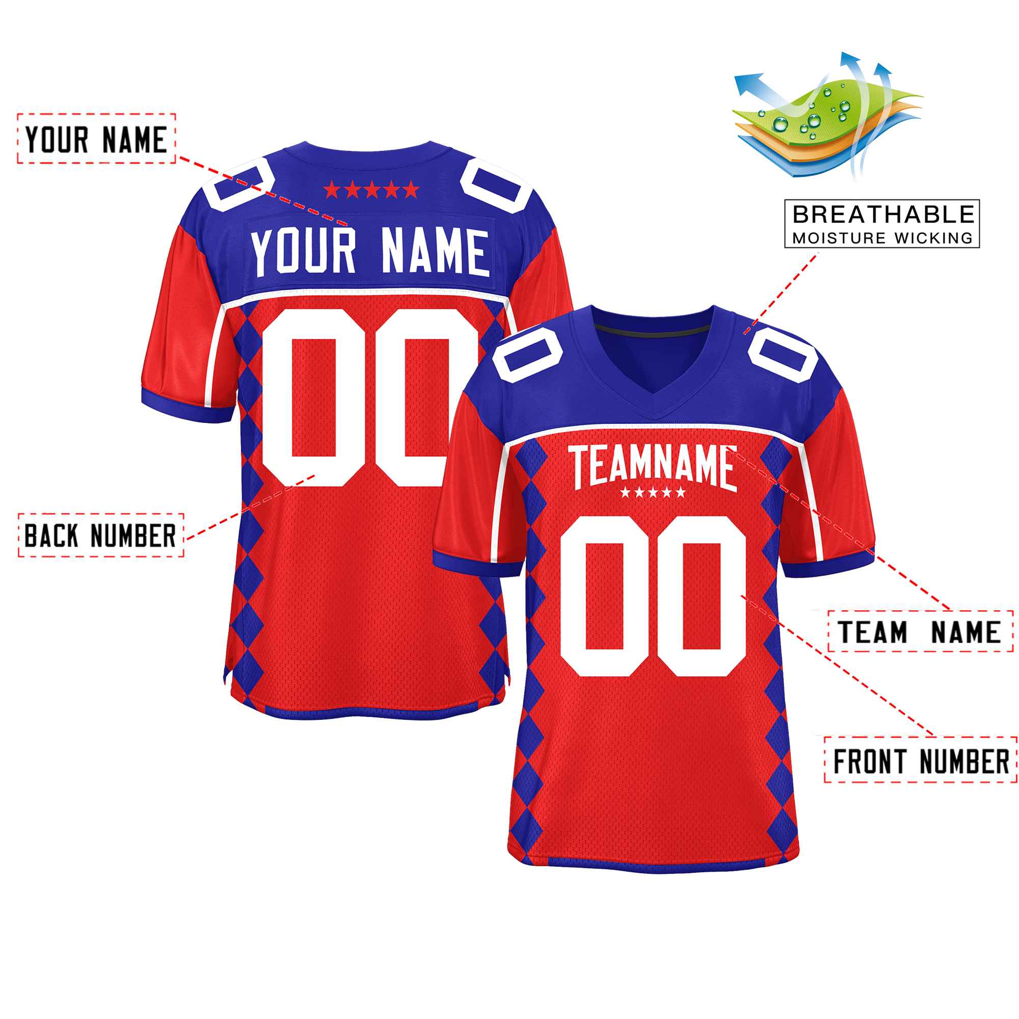 Custom Royal Red Raglan Sleeves Side Blocks Pattern Authentic American Football Jersey