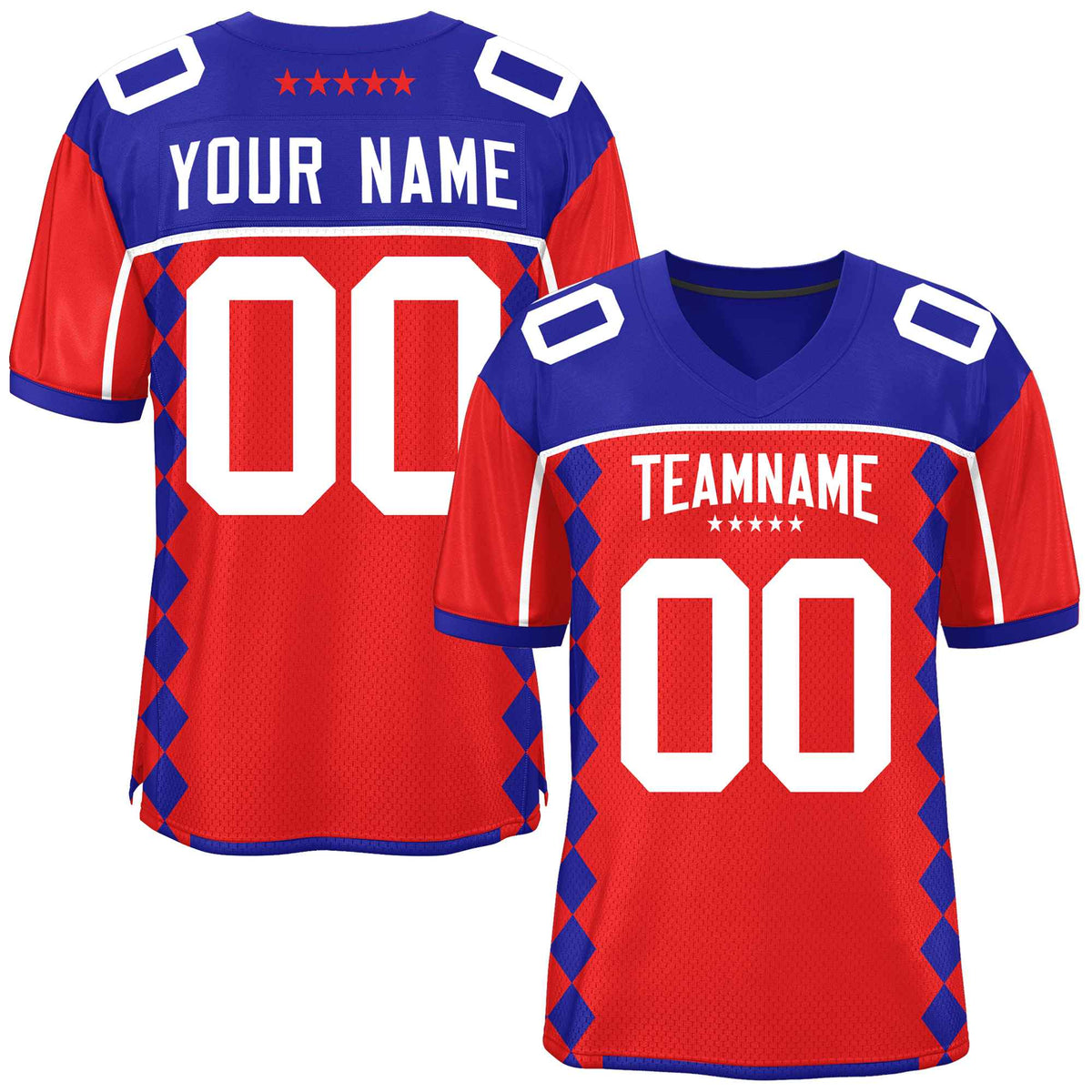 Custom Royal Red Raglan Sleeves Side Blocks Pattern Authentic American Football Jersey