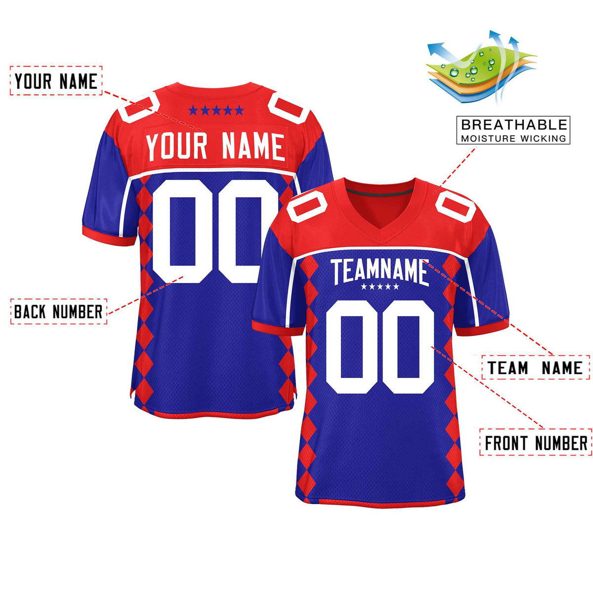 Custom Royal Red Raglan Sleeves Side Blocks Pattern Authentic American Football Jersey