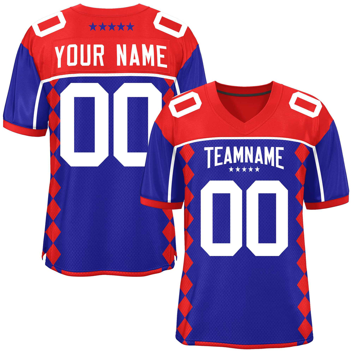 Custom Royal Red Raglan Sleeves Side Blocks Pattern Authentic American Football Jersey