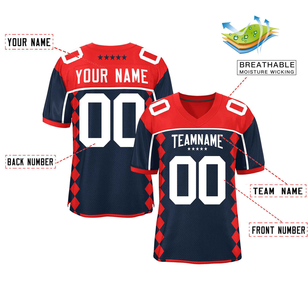 Custom Red Navy Raglan Sleeves Side Blocks Pattern Authentic American Football Jersey