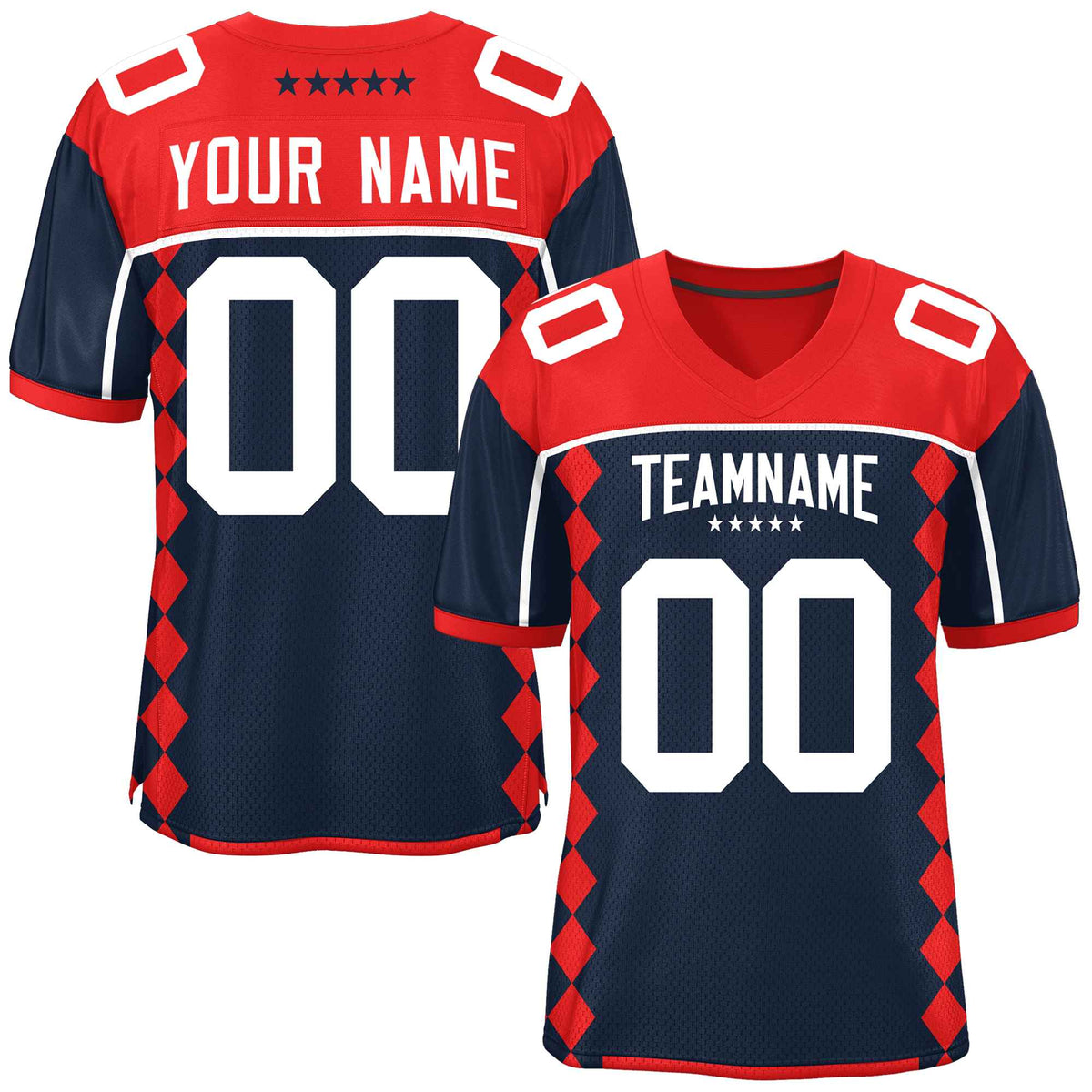 Custom Red Navy Raglan Sleeves Side Blocks Pattern Authentic American Football Jersey