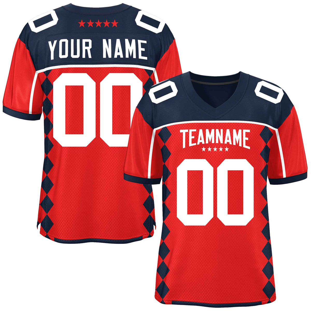 Custom Navy Red Raglan Sleeves Side Blocks Pattern Authentic American Football Jersey