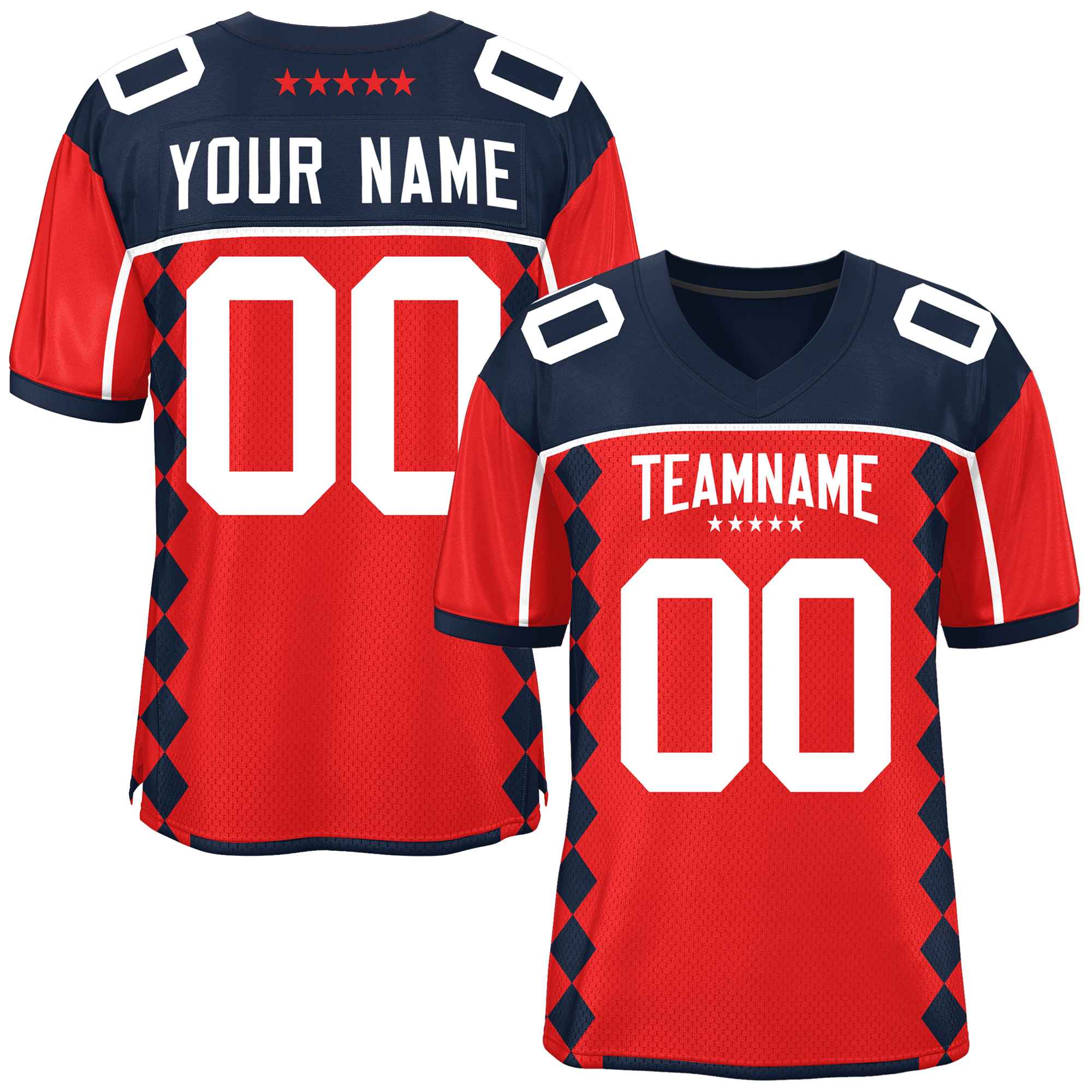 Custom Navy Red Raglan Sleeves Side Blocks Pattern Authentic American Football Jersey