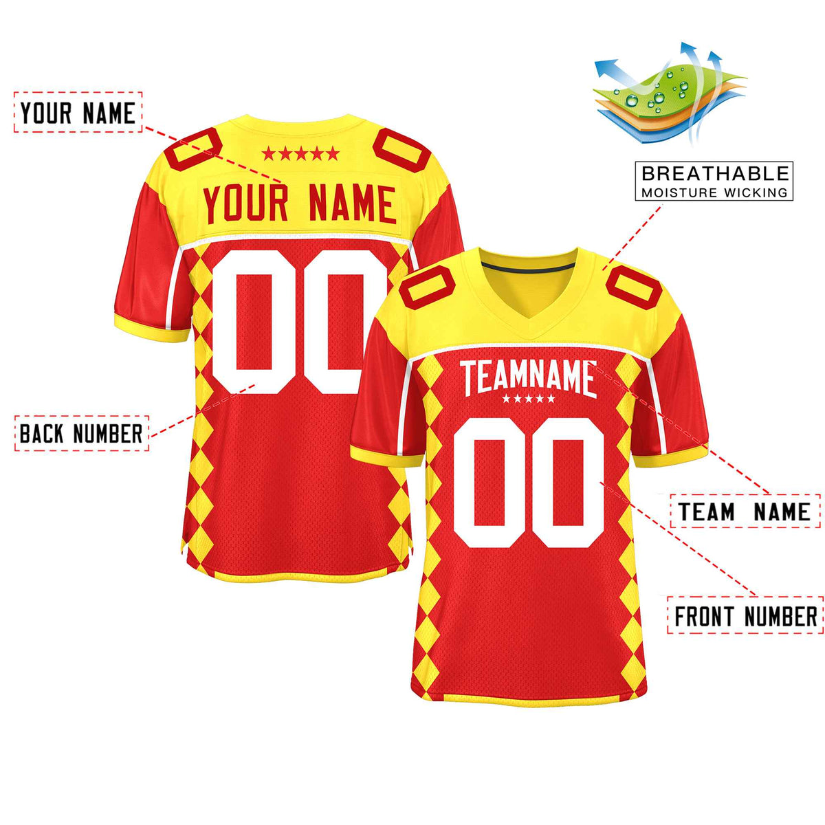 Custom Gold Red Raglan Sleeves Side Blocks Pattern Authentic American Football Jersey