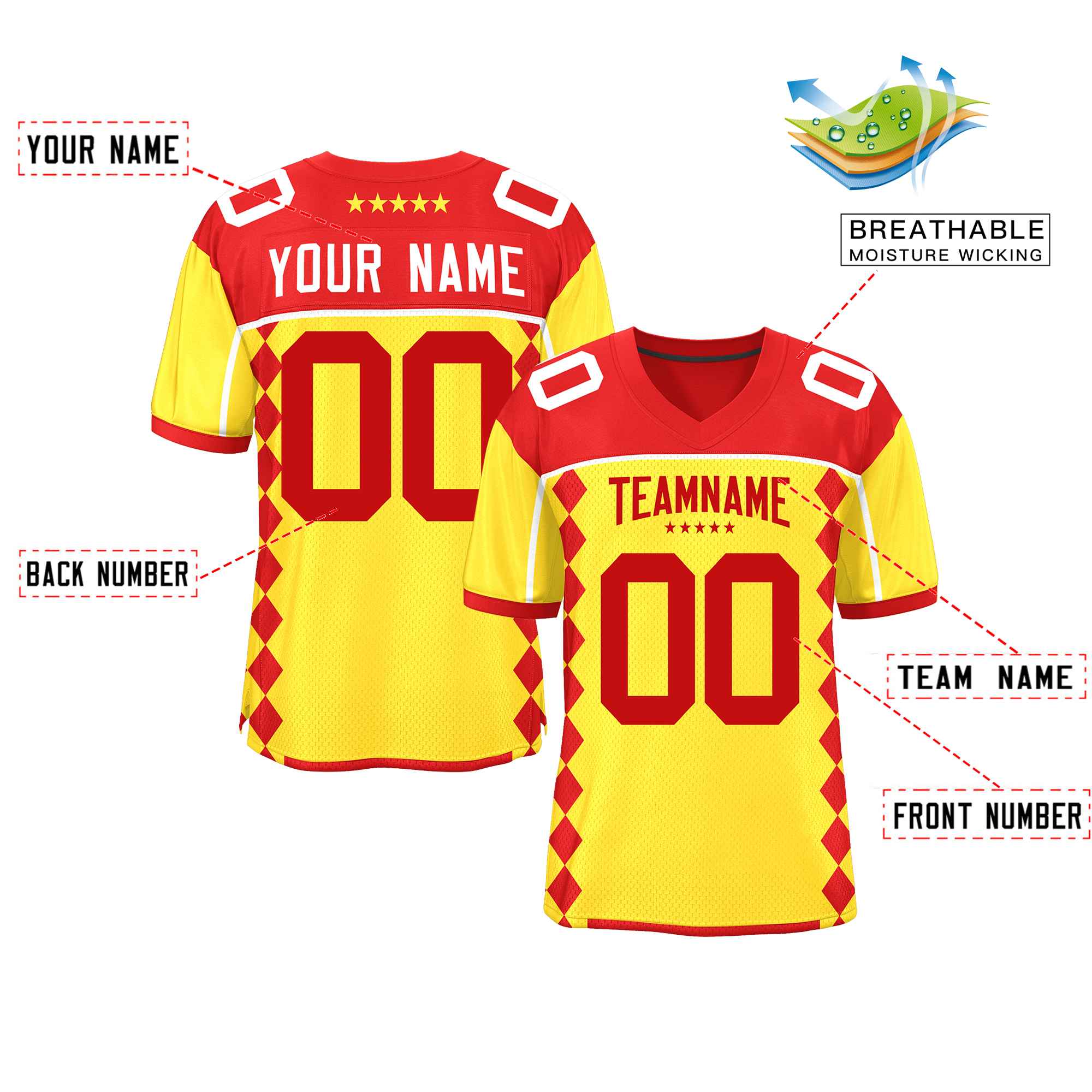 Custom Red Gold Raglan Sleeves Side Blocks Pattern Authentic American Football Jersey