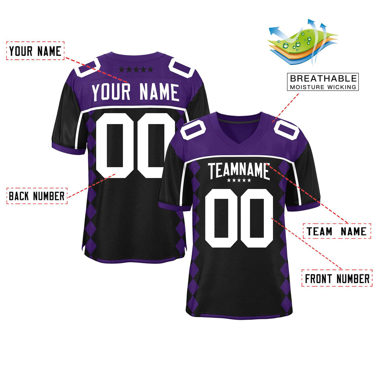 Custom Purple Black Raglan Sleeves Side Blocks Pattern Authentic American Football Jersey