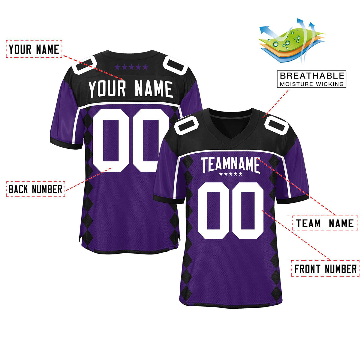 Custom Black Purple Raglan Sleeves Side Blocks Pattern Authentic American Football Jersey