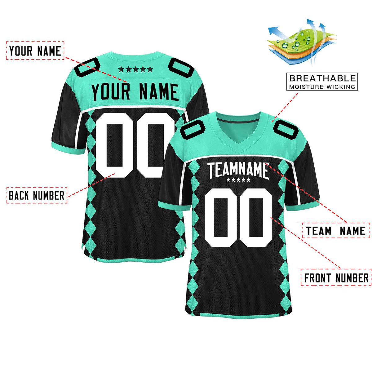 Custom Bright Green Black Raglan Sleeves Side Blocks Pattern Authentic American Football Jersey
