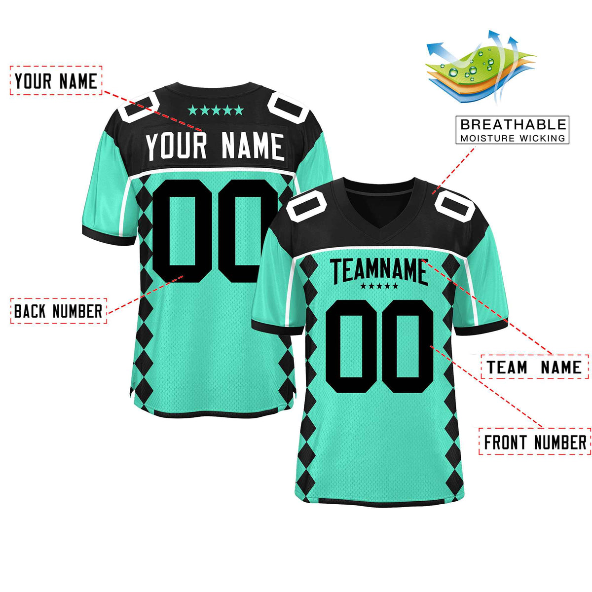 Custom Black Bright Green Raglan Sleeves Side Blocks Pattern Authentic American Football Jersey